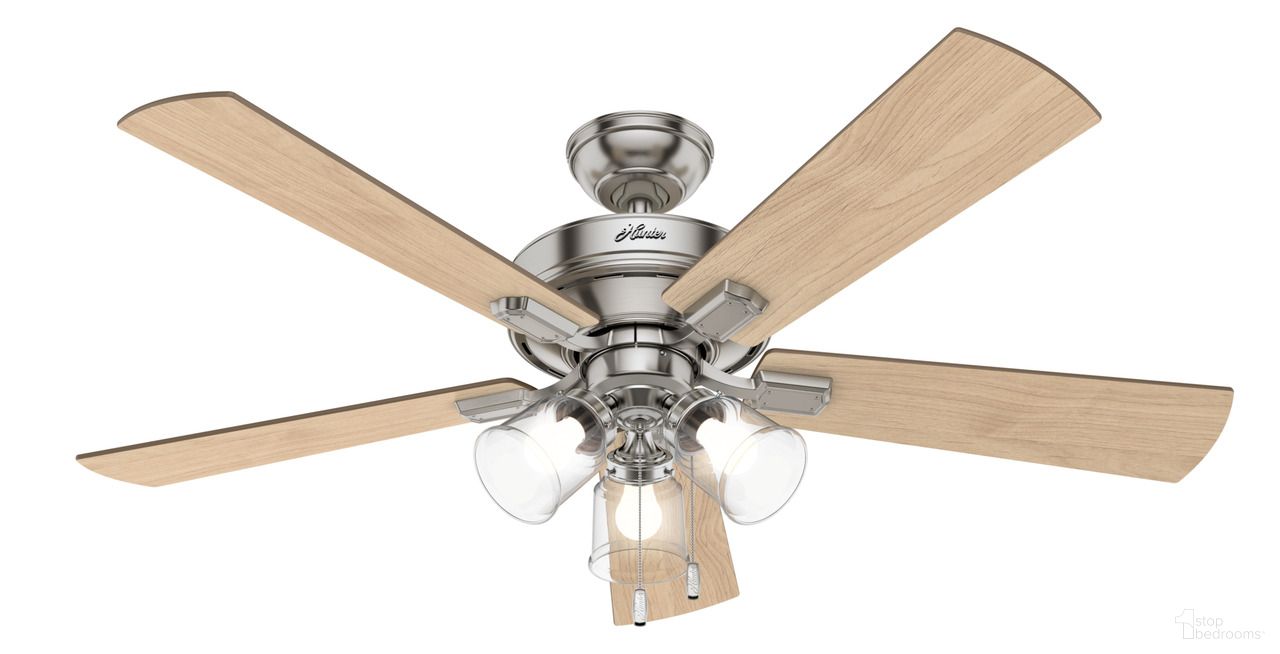The appearance of Crestfield 52 Inch Ceiling Fan with LED Light Kit and Pull Chain In Brushed Nickel and Bleached Grey Pine designed by Hunter Fan in the transitional interior design. This brushed nickel/bleached grey pine piece of furniture was selected by 1StopBedrooms from Crestfield Collection to add a touch of cosiness and style into your home. Sku: 54206. Material: Composite.
