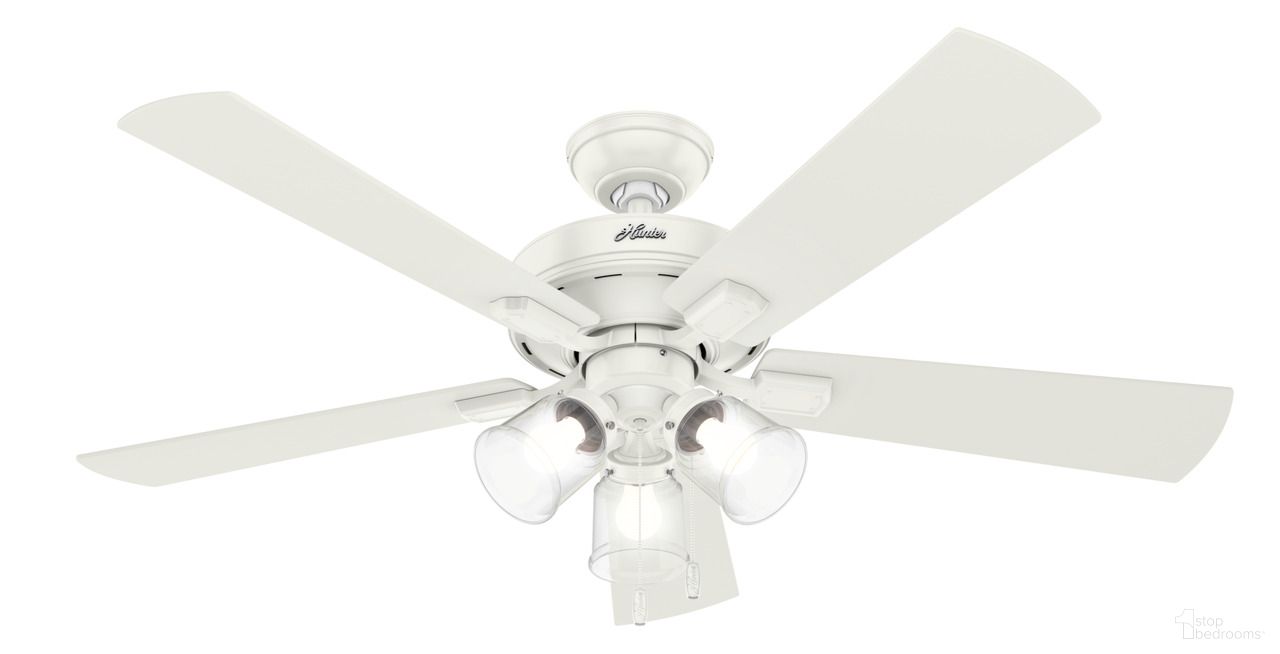 The appearance of Crestfield 52 Inch Ceiling Fan with LED Light Kit and Pull Chain In Fresh White designed by Hunter Fan in the transitional interior design. This fresh white piece of furniture was selected by 1StopBedrooms from Crestfield Collection to add a touch of cosiness and style into your home. Sku: 54204. Material: Composite.
