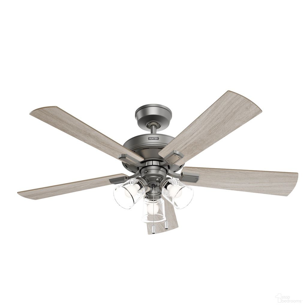 The appearance of Crestfield 52 Inch Ceiling Fan with LED Light Kit and Pull Chain In Matte Silver and Light Gray Oak designed by Hunter Fan in the transitional interior design. This matte silver/light gray oak piece of furniture was selected by 1StopBedrooms from Crestfield Collection to add a touch of cosiness and style into your home. Sku: 52534. Material: Composite.