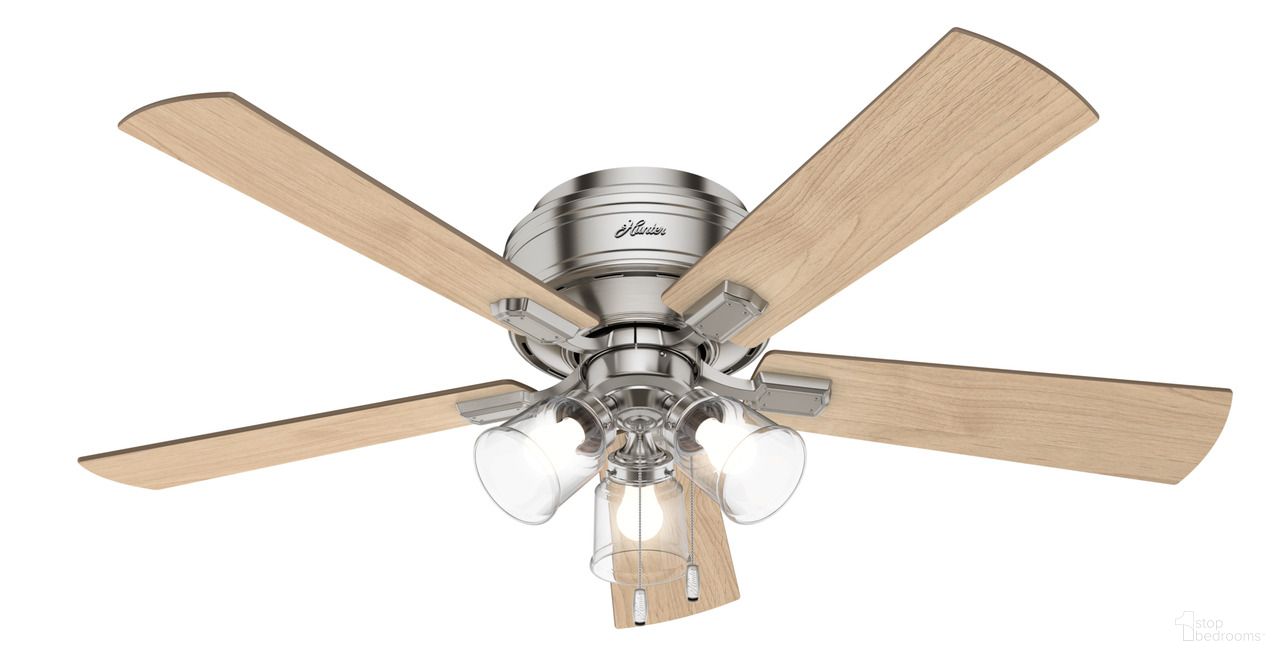The appearance of Crestfield 52 Inch Low Profile Ceiling Fan with LED Light Kit and Pull Chain In Brushed Nickel and Bleached Grey Pine designed by Hunter Fan in the transitional interior design. This brushed nickel/bleached grey pine piece of furniture was selected by 1StopBedrooms from Crestfield Collection to add a touch of cosiness and style into your home. Sku: 54209. Material: Composite.
