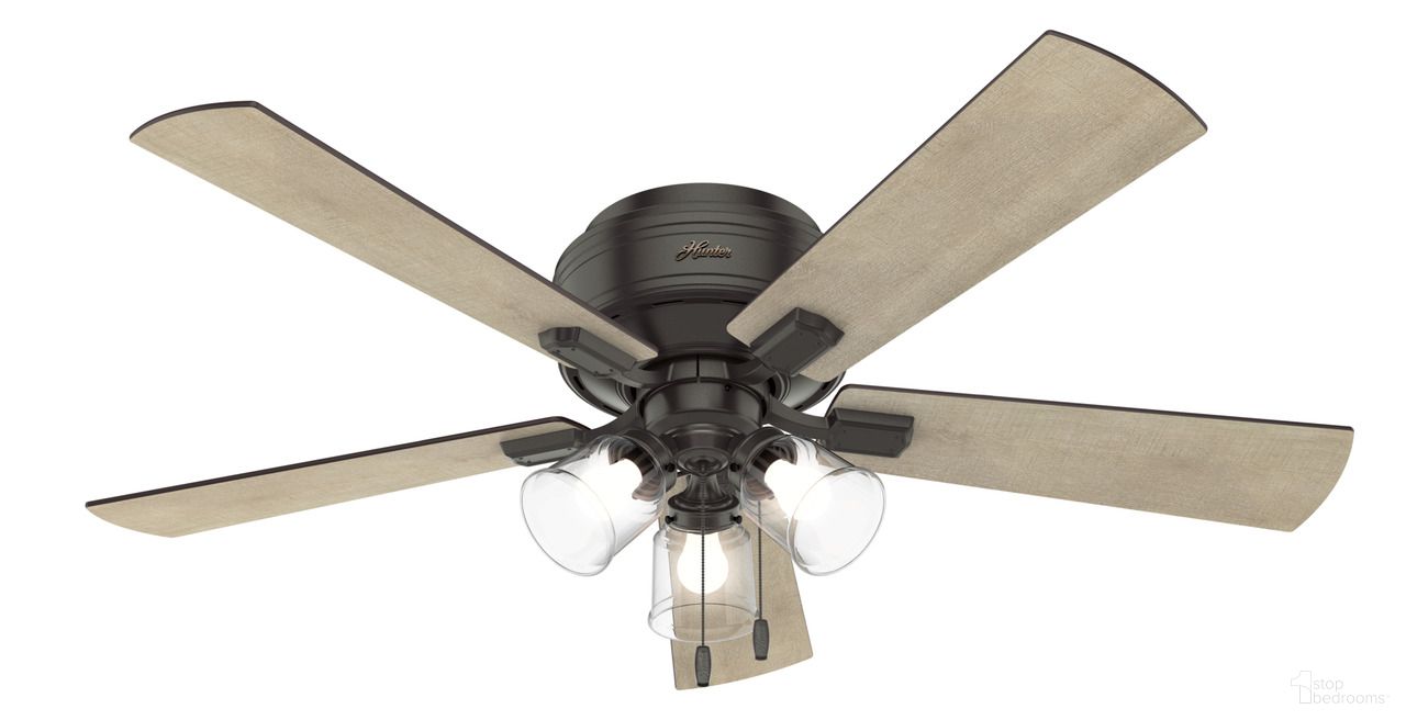 The appearance of Crestfield 52 Inch Low Profile Ceiling Fan with LED Light Kit and Pull Chain In Noble Bronze and Bleached Grey Pine designed by Hunter Fan in the transitional interior design. This noble bronze/bleached grey pine piece of furniture  was selected by 1StopBedrooms from Crestfield Collection to add a touch of cosiness and style into your home. Sku: 54208. Material: Composite.