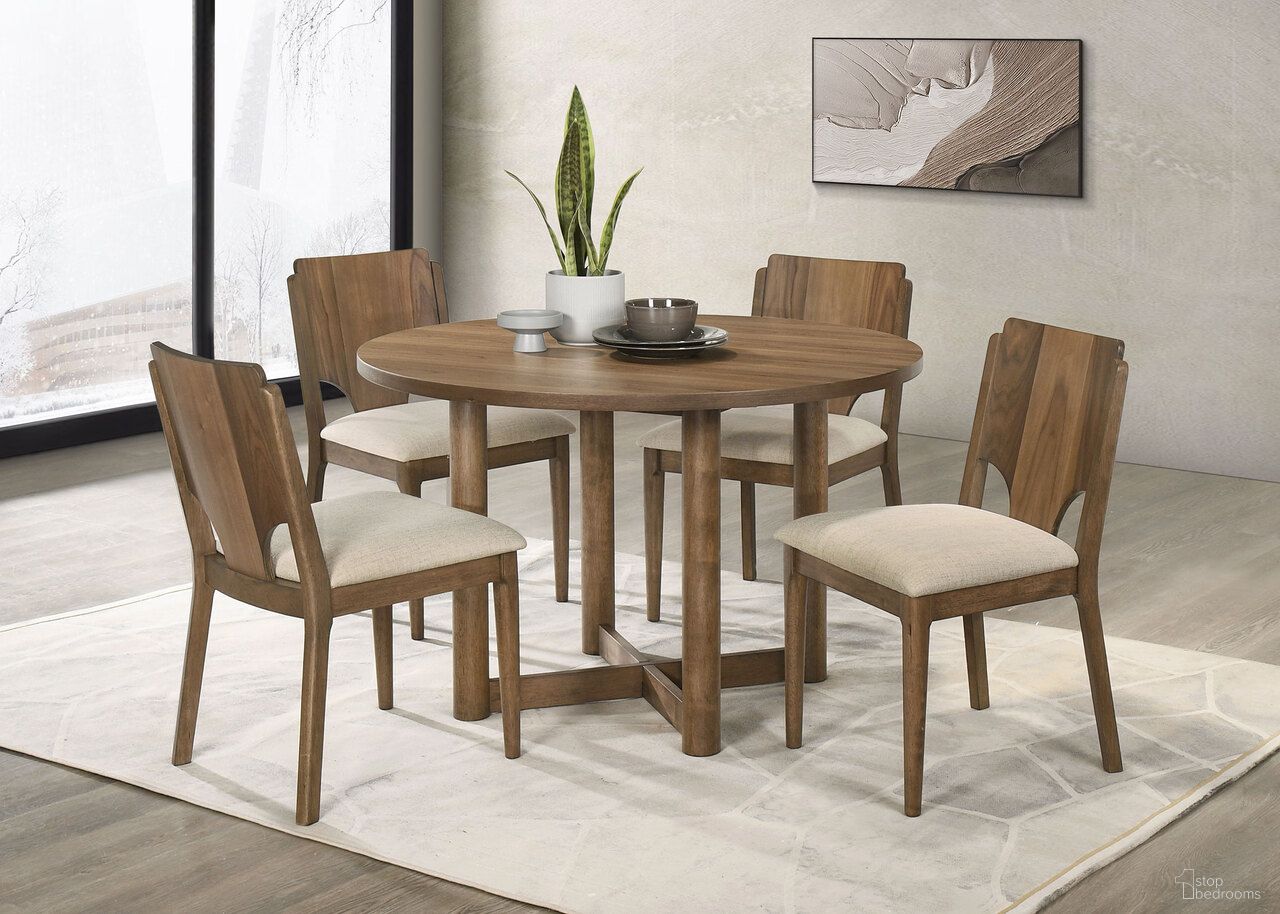 The appearance of Crestmore Round Wood Dining Room Set In Walnut designed by Coaster in the transitional interior design. This walnut piece of furniture was selected by 1StopBedrooms from Crestmore Collection to add a touch of cosiness and style into your home. Sku: 108570;108572. Table Top Shape: Round. Size: 46". Material: Hardwood.
