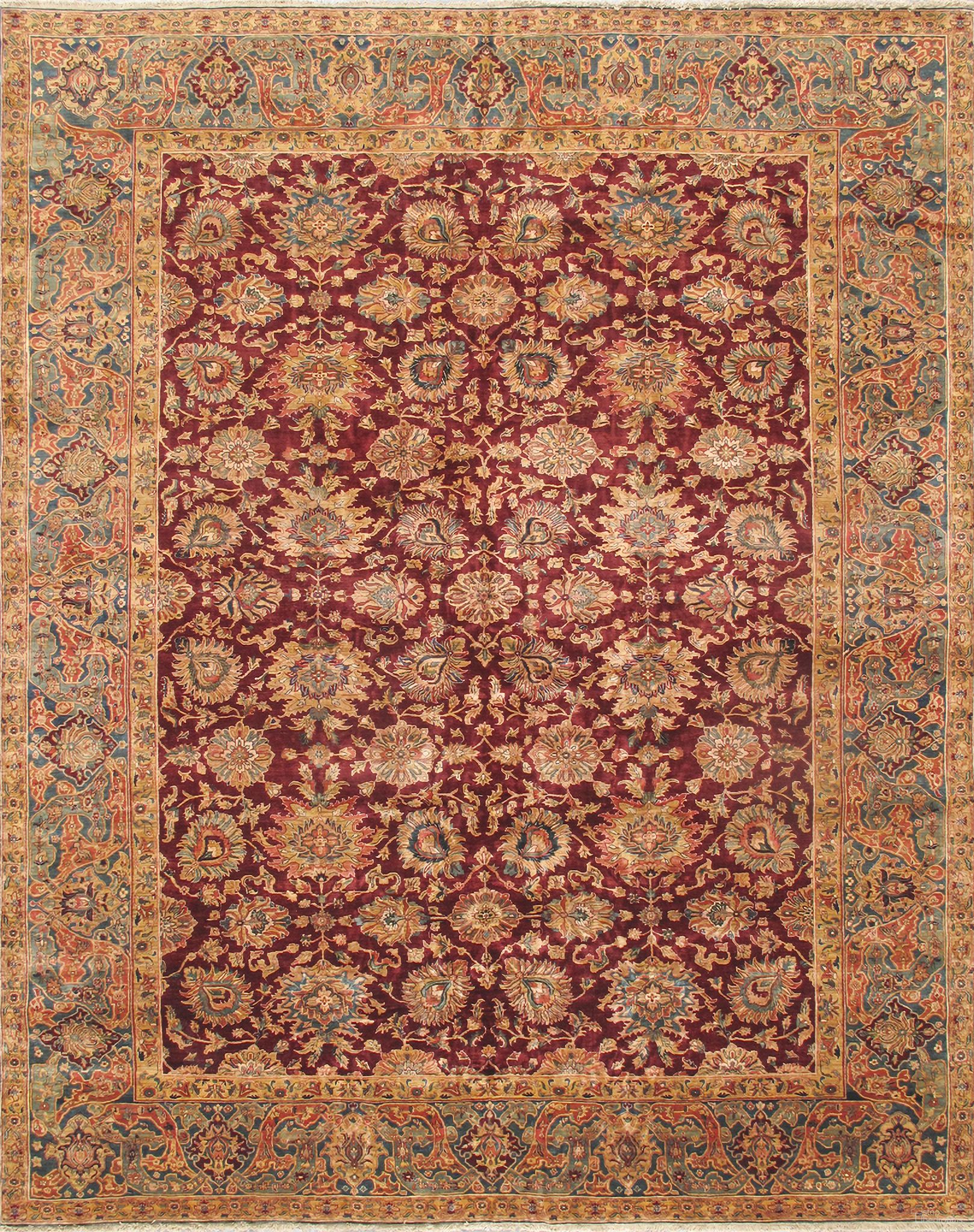 Crown Jewel Agra Collection Hand-Knotted Lamb's Wool Area Rug-12' 4" x 15' 6" In Burgundy and Teal
