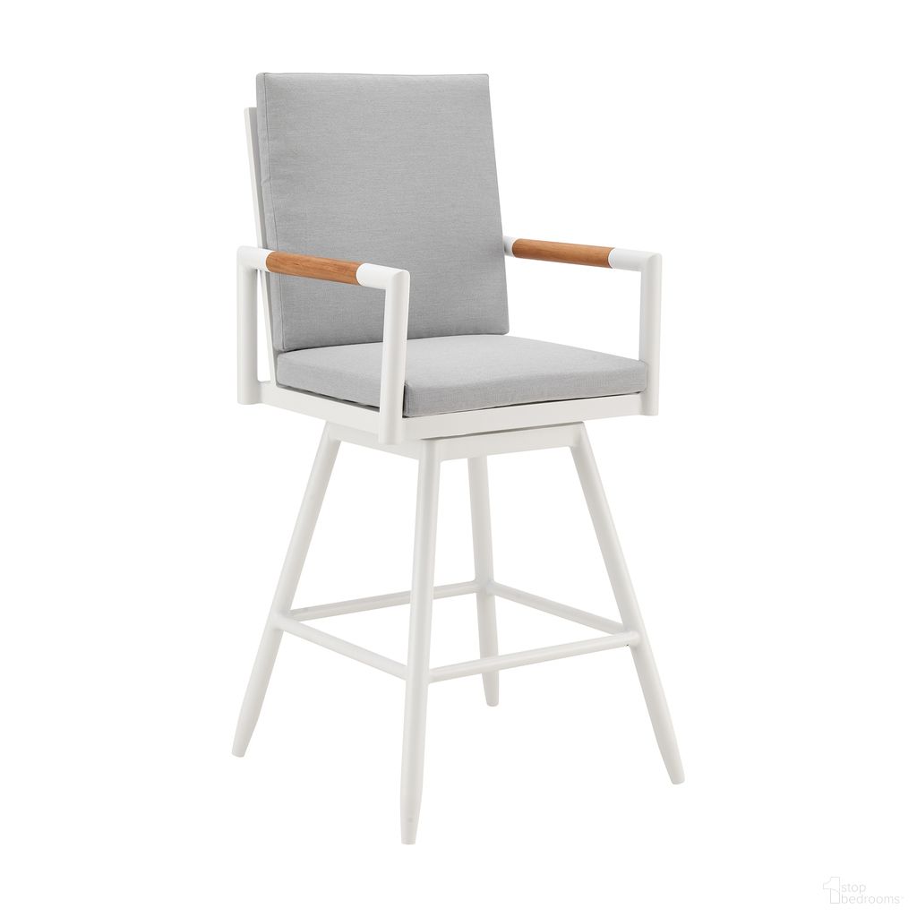 The appearance of Crown Outdoor Patio Swivel Bar Stool In White and Light Gray designed by Armen Living in the modern / contemporary interior design. This white and light gray piece of furniture was selected by 1StopBedrooms from Crown Collection to add a touch of cosiness and style into your home. Sku: LCCRSWBAWH30. Material: Aluminum.