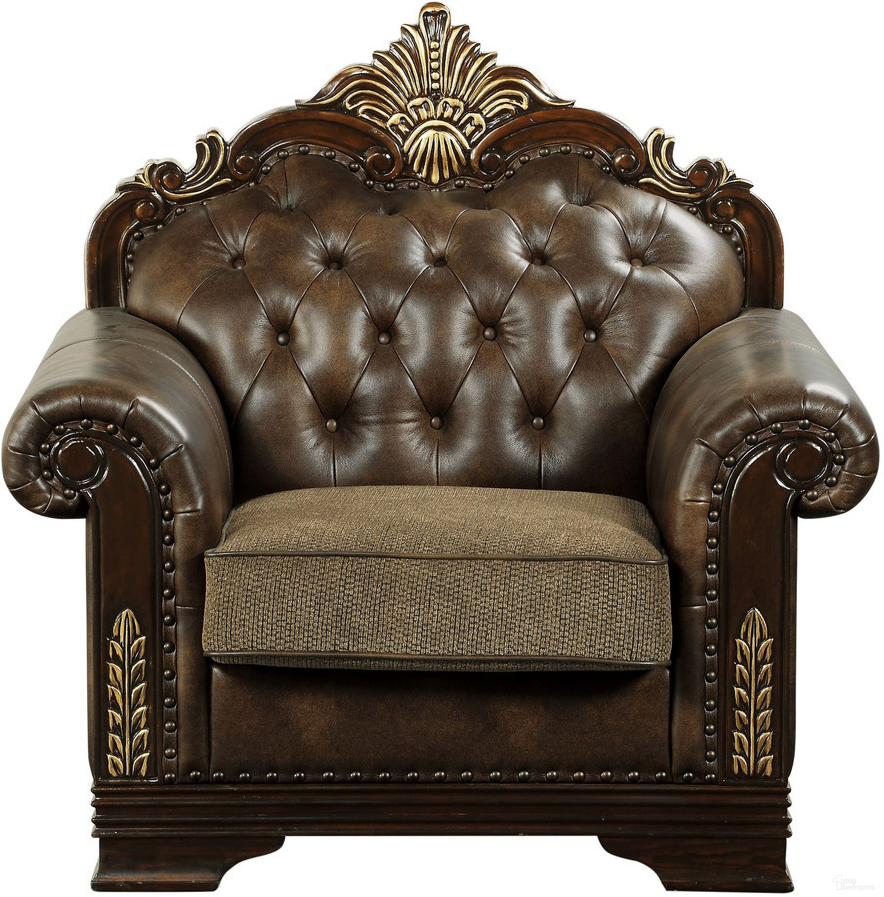 The appearance of Croydon Brown Chair designed by Homelegance in the traditional interior design. This brown piece of furniture was selected by 1StopBedrooms from Croydon Collection to add a touch of cosiness and style into your home. Sku: 9815-1A;9815-1B. Material: Faux Leather.