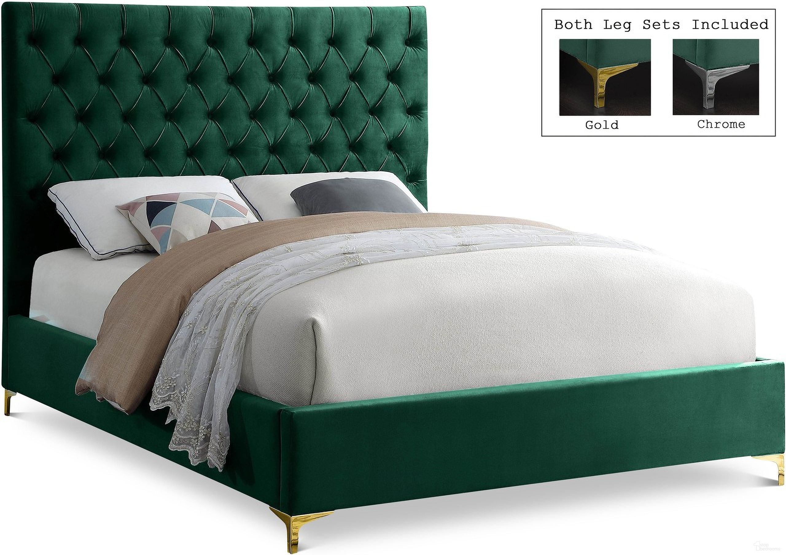 The appearance of Cruz Velvet King Bed In Green designed by Meridian in the modern / contemporary interior design. This green piece of furniture was selected by 1StopBedrooms from Cruz Collection to add a touch of cosiness and style into your home. Sku: CruzGreen-K Box 1/2 (HB/Slats);CruzGreen-K Box 2/2 (Siderails/FB/Metal Legs/Metal Bar). Bed Type: Platform Bed. Bed Size: King. Material: Velvet.