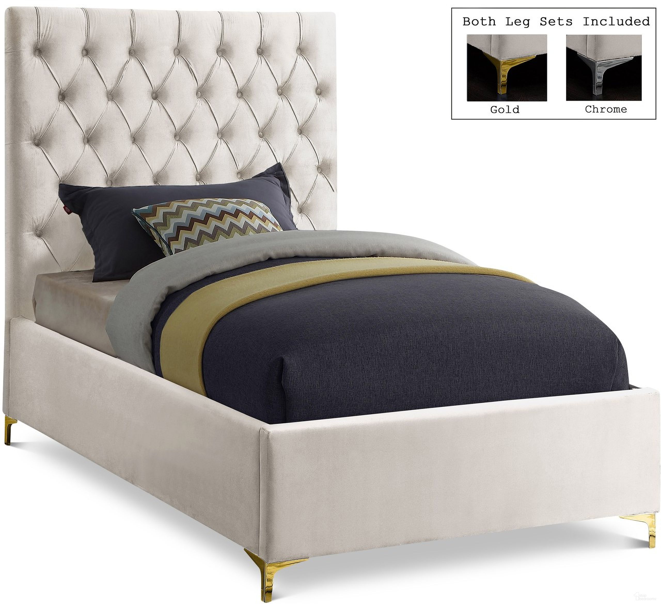 The appearance of Cruz Velvet Twin Bed In Cream designed by Meridian in the modern / contemporary interior design. This cream velvet piece of furniture was selected by 1StopBedrooms from Cruz Collection to add a touch of cosiness and style into your home. Sku: CruzCream-T Box 1/2 (HB/Slats);CruzCream-T Box 2/2 (Siderails/FB/Metal Legs/Metal Bar). Bed Type: Platform Bed. Bed Size: Twin. Material: Velvet.