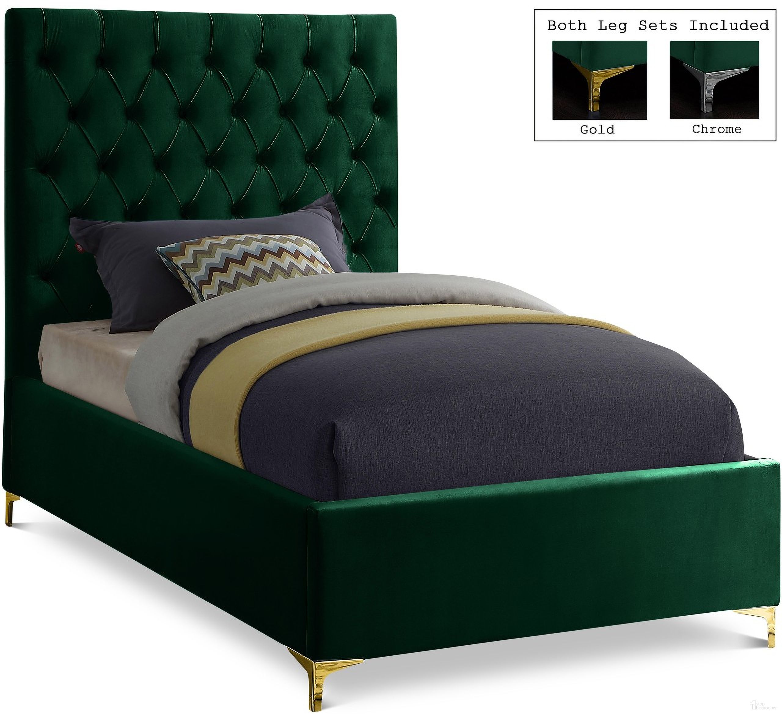 The appearance of Cruz Velvet Twin Bed In Green designed by Meridian in the modern / contemporary interior design. This green piece of furniture was selected by 1StopBedrooms from Cruz Collection to add a touch of cosiness and style into your home. Sku: CruzGreen-T Box 1/2 (HB/Slats);CruzGreen-T Box 2/2 (Siderails/FB/Metal Legs/Metal Bar). Bed Type: Platform Bed. Bed Size: Twin. Material: Velvet.