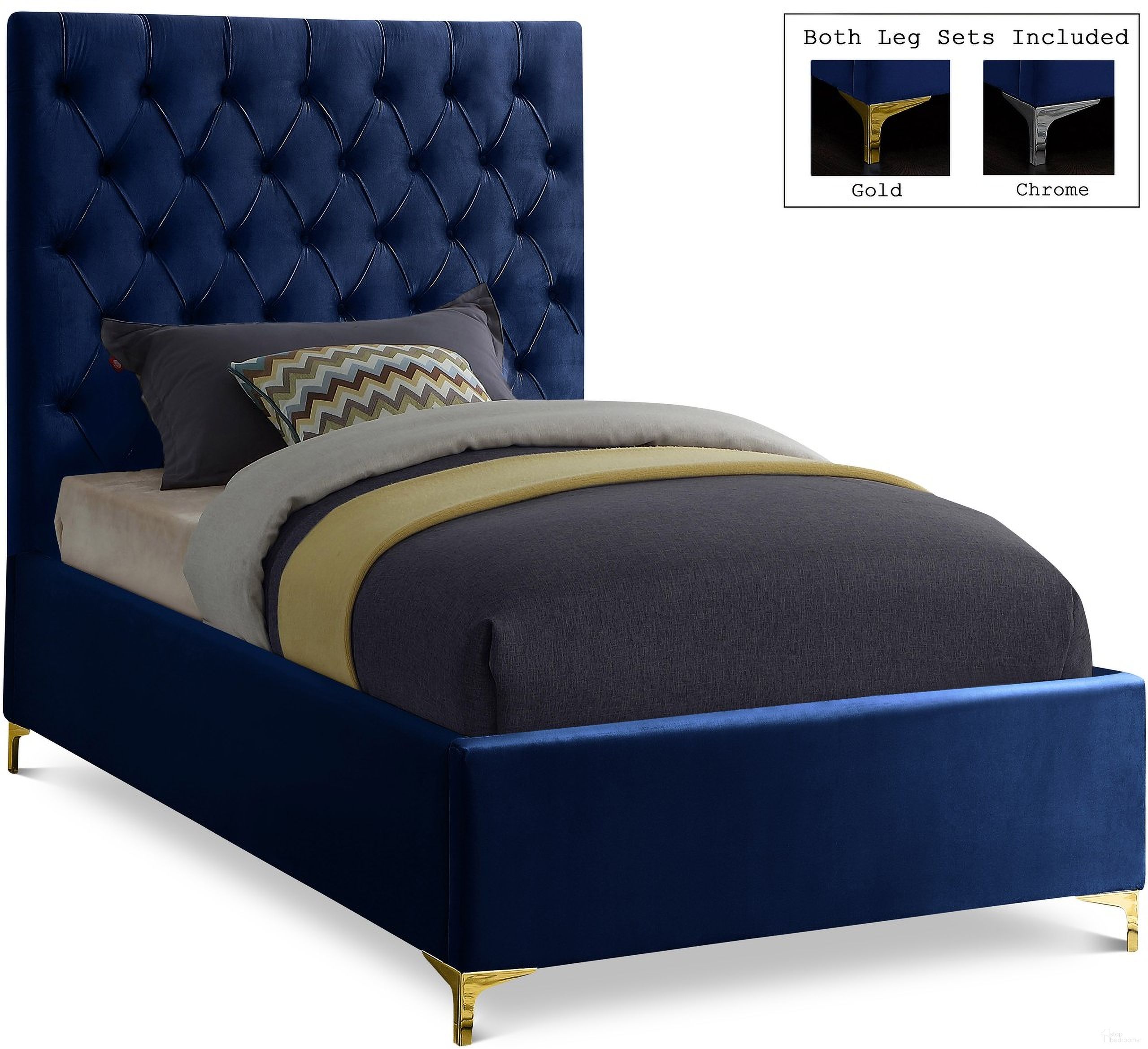 The appearance of Cruz Velvet Twin Bed In Navy designed by Meridian in the modern / contemporary interior design. This navy piece of furniture was selected by 1StopBedrooms from Cruz Collection to add a touch of cosiness and style into your home. Sku: CruzNavy-T Box 1/2 (HB/Slats);CruzNavy-T Box 2/2 (Siderails/FB/Metal Legs/Metal Bar). Bed Type: Platform Bed. Bed Size: Twin. Material: Velvet.