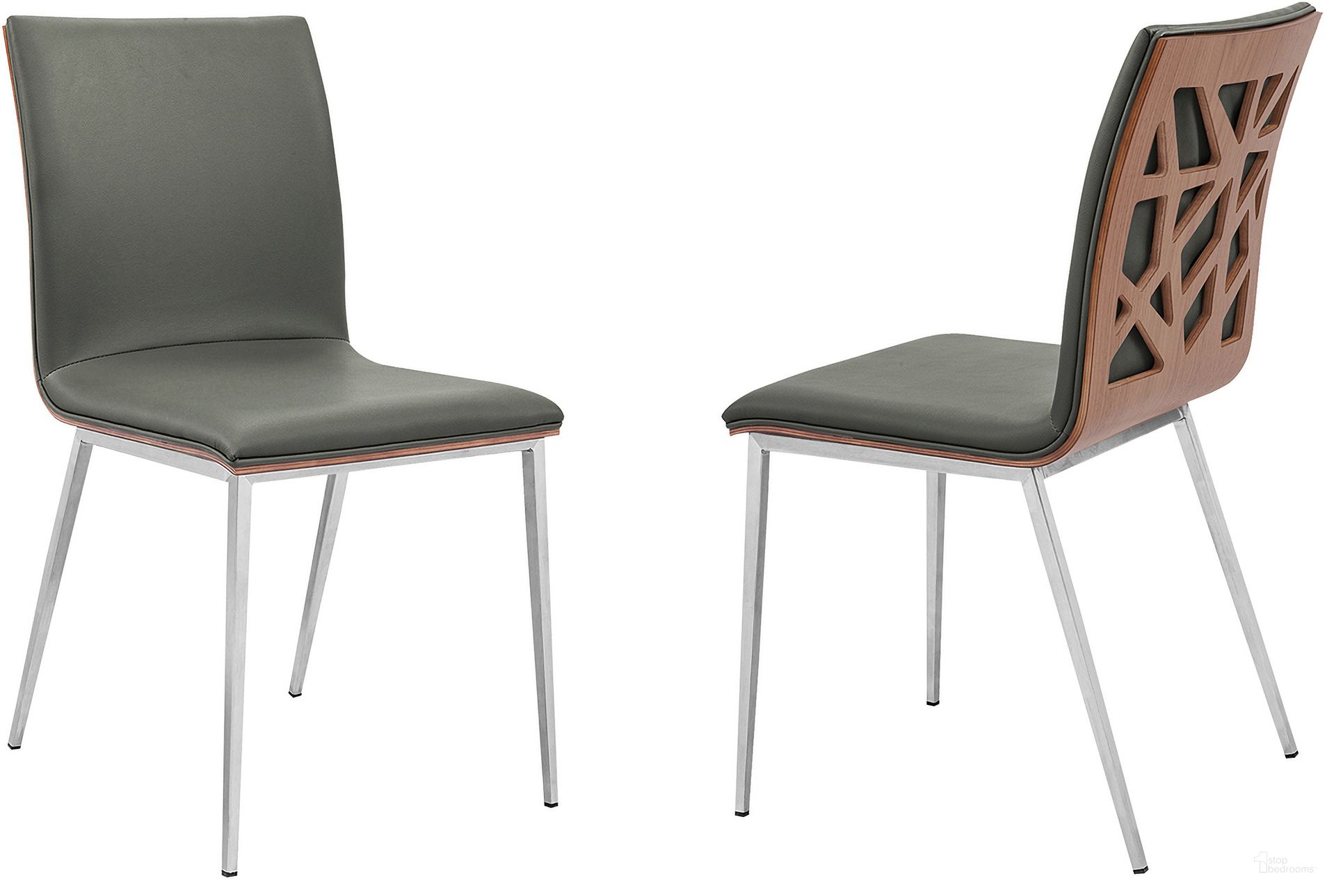 The appearance of Crystal Dining Chair Set of 2 In Brushed Stainless Steel Finish with Gray Faux Leather and Walnut Back designed by Armen Living in the modern / contemporary interior design. This gray piece of furniture was selected by 1StopBedrooms from Crystal Collection to add a touch of cosiness and style into your home. Sku: LCCRCHGRPU. Material: Stainless Steel. Chair Type: Side Chair.