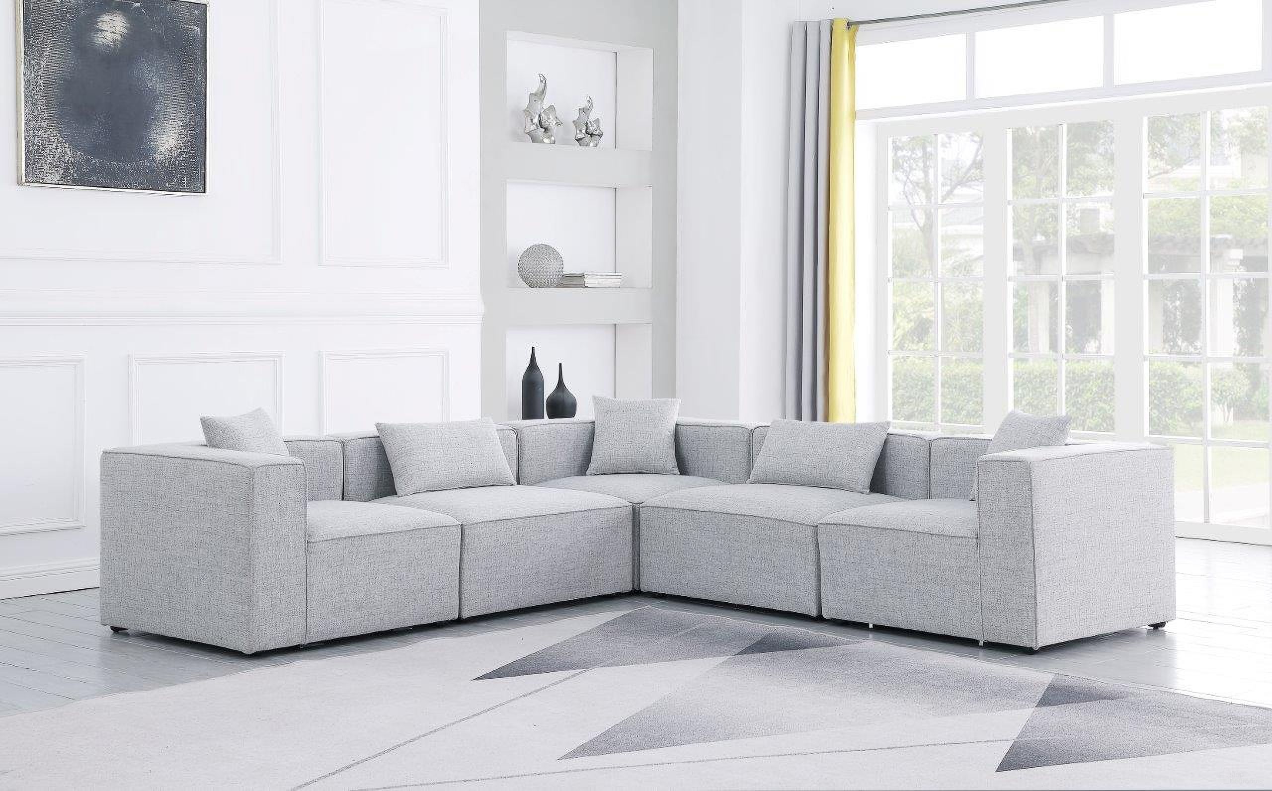 The appearance of Cube Durable Linen Textured 5 Piece Modular Sectional In Grey designed by Meridian in the modern / contemporary interior design. This grey piece of furniture  was selected by 1StopBedrooms from Cube Collection to add a touch of cosiness and style into your home. Sku: 630Grey-Corner;630Grey-Corner;630Grey-Corner;630Grey-Armless;630Grey-Armless. Material: Linen. Layout: L-Shape.