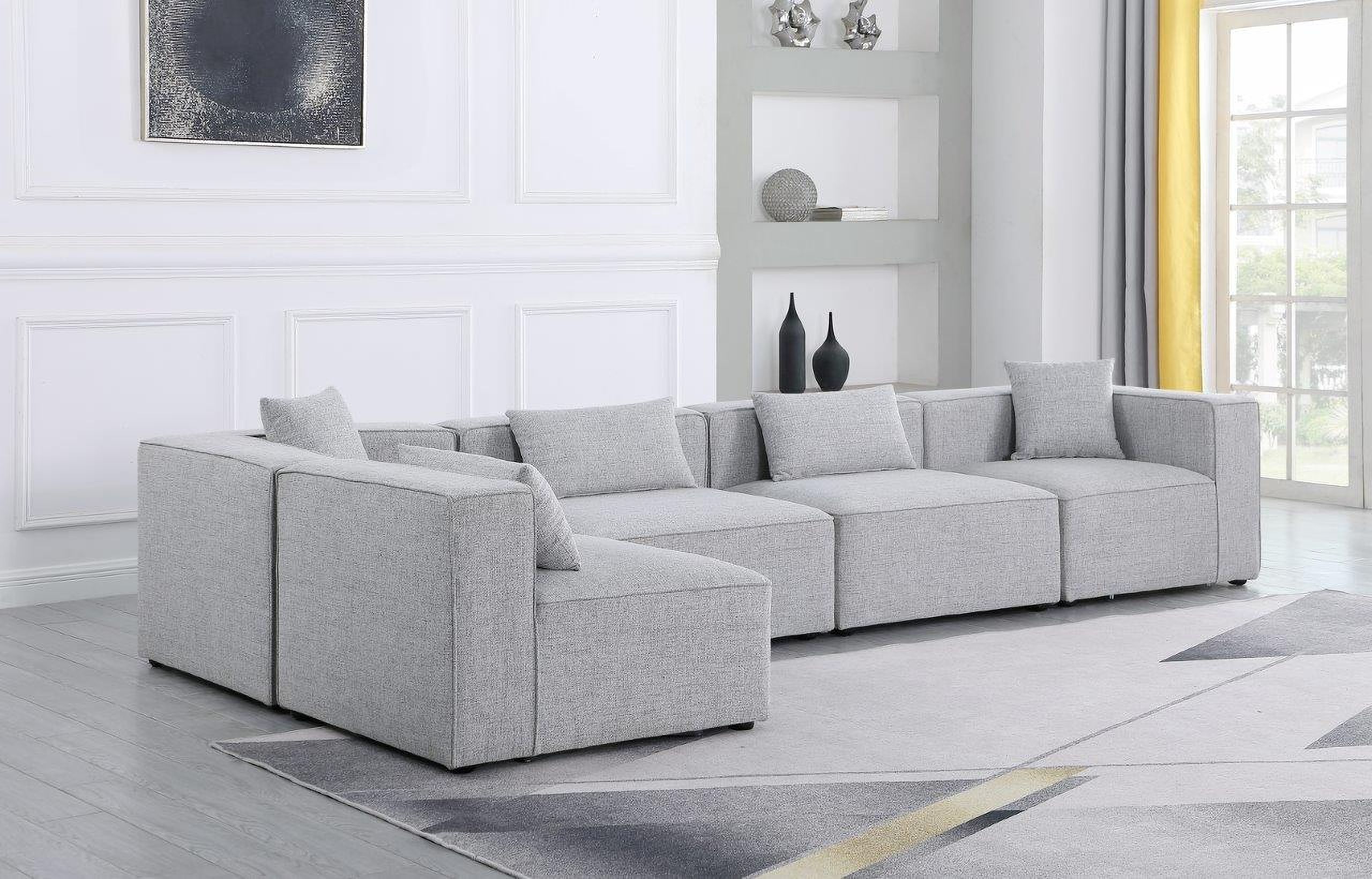 The appearance of Cube Durable Linen Textured 5 Piece Modular Sectional In Grey designed by Meridian in the modern / contemporary interior design. This grey piece of furniture  was selected by 1StopBedrooms from Cube Collection to add a touch of cosiness and style into your home. Sku: 630Grey-Corner;630Grey-Corner;630Grey-Armless;630Grey-Armless;630Grey-Armless. Material: Linen. Layout: L-Shape.