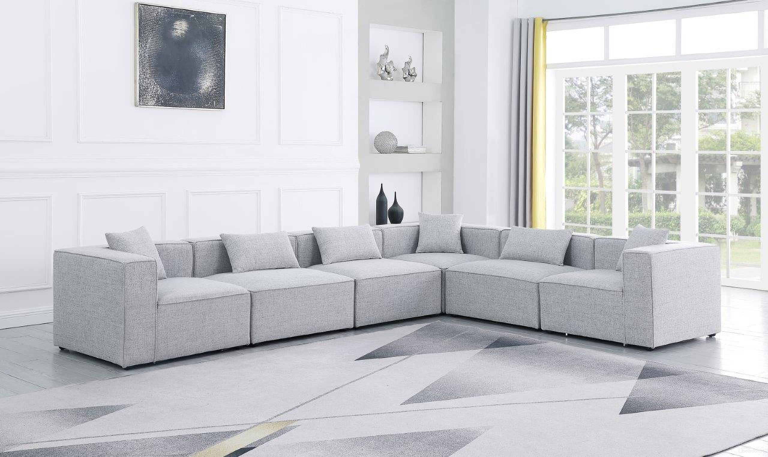 The appearance of Cube Durable Linen Textured 6 Piece Modular Sectional In Grey designed by Meridian in the modern / contemporary interior design. This grey piece of furniture  was selected by 1StopBedrooms from Cube Collection to add a touch of cosiness and style into your home. Sku: 630Grey-Corner;630Grey-Corner;630Grey-Corner;630Grey-Armless;630Grey-Armless;630Grey-Armless. Material: Linen. Layout: L-Shape.