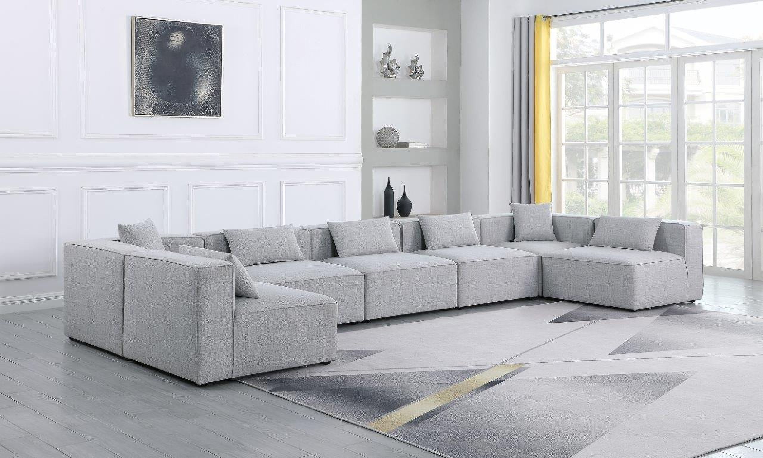 The appearance of Cube Durable Linen Textured 7 Piece Modular Sectional In Grey designed by Meridian in the modern / contemporary interior design. This grey piece of furniture was selected by 1StopBedrooms from Cube Collection to add a touch of cosiness and style into your home. Sku: 630Grey-Corner;630Grey-Corner;630Grey-Armless;630Grey-Armless;630Grey-Armless;630Grey-Armless;630Grey-Armless. Material: Linen. Layout: U-Shape.