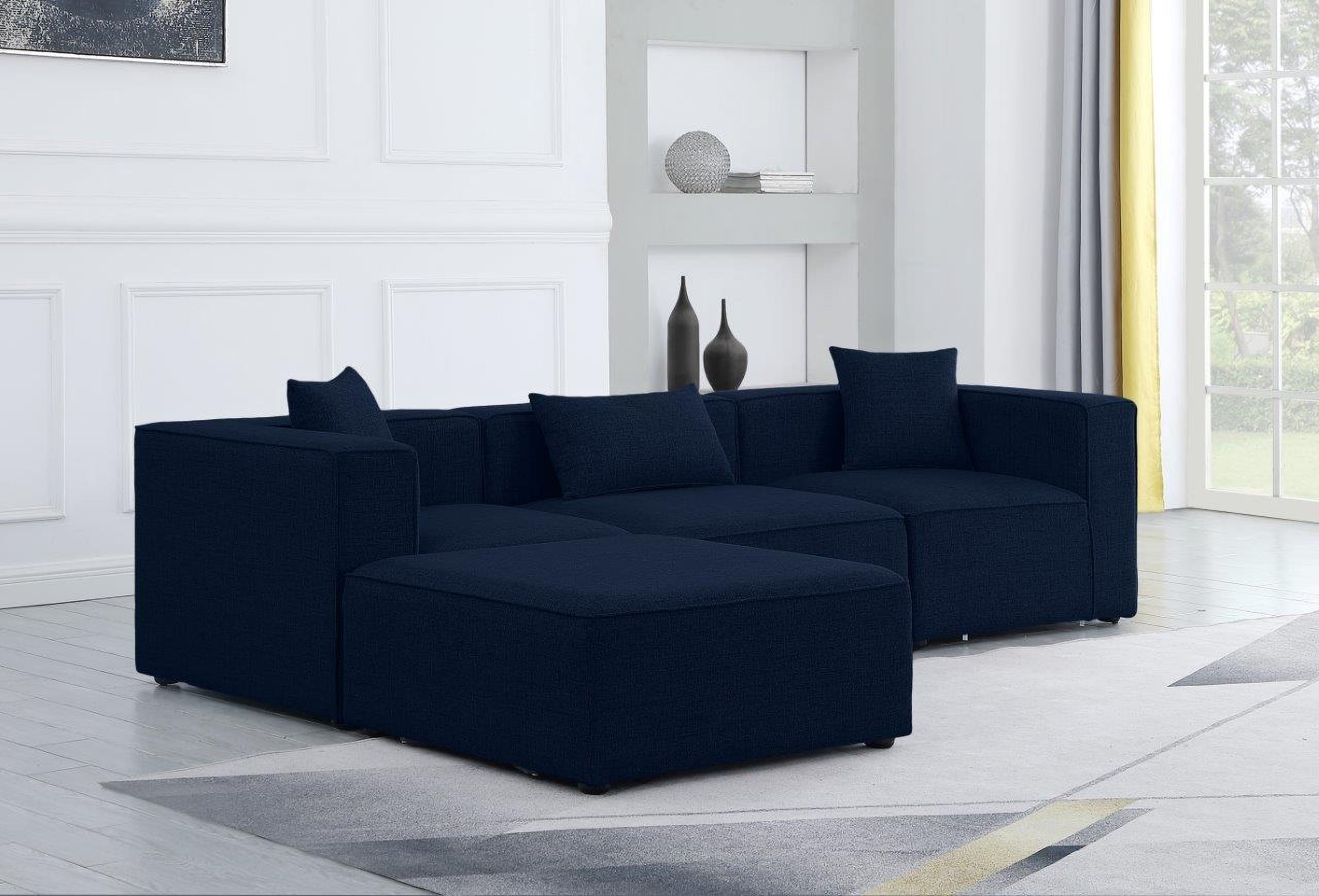 The appearance of Cube Durable Linen Textured 4 Piece Modular Sectional In Navy designed by Meridian in the modern / contemporary interior design. This navy piece of furniture  was selected by 1StopBedrooms from Cube Collection to add a touch of cosiness and style into your home. Sku: 630Navy-Corner;630Navy-Corner;630Navy-Armless;630Navy-Ott. Material: Linen. Layout: Sofa & Chaise.