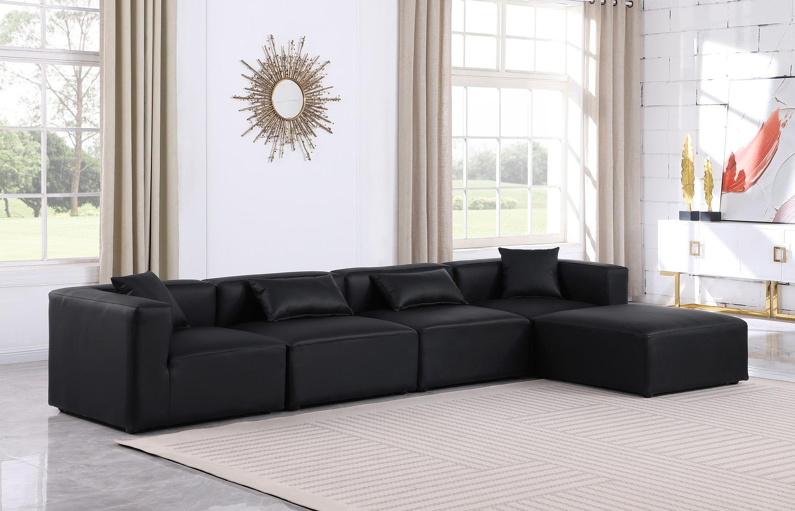 The appearance of Cube Vegan Leather 5 Piece Modular Sectional In Black designed by Meridian in the modern / contemporary interior design. This black piece of furniture  was selected by 1StopBedrooms from Cube Collection to add a touch of cosiness and style into your home. Sku: 668Black-Armless;668Black-Armless;668Black-Corner;668Black-Corner;668Black-Ott. Material: Leather. Layout: Modular.