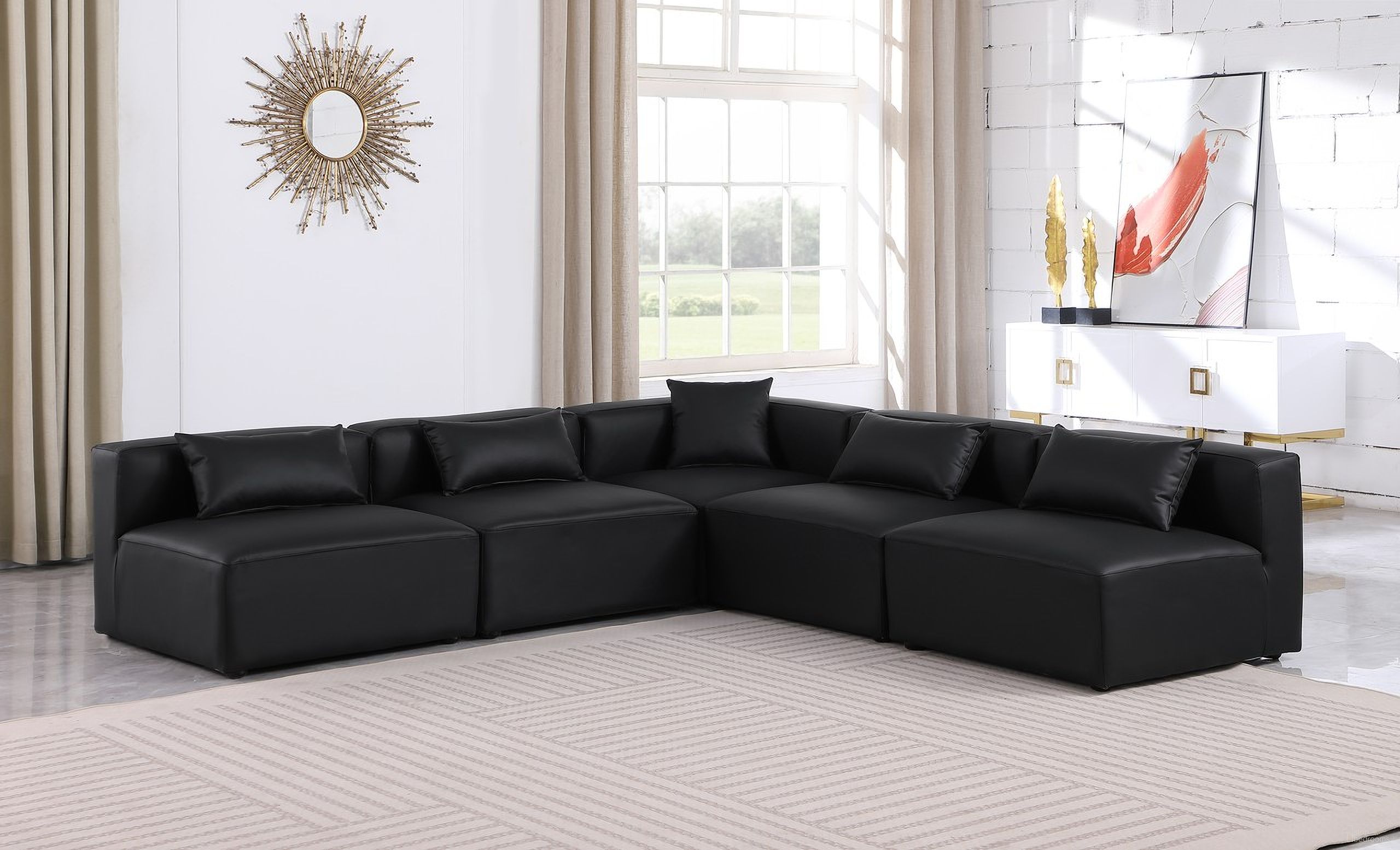 Cube Vegan Leather 5 Piece Modular Sectional In Black