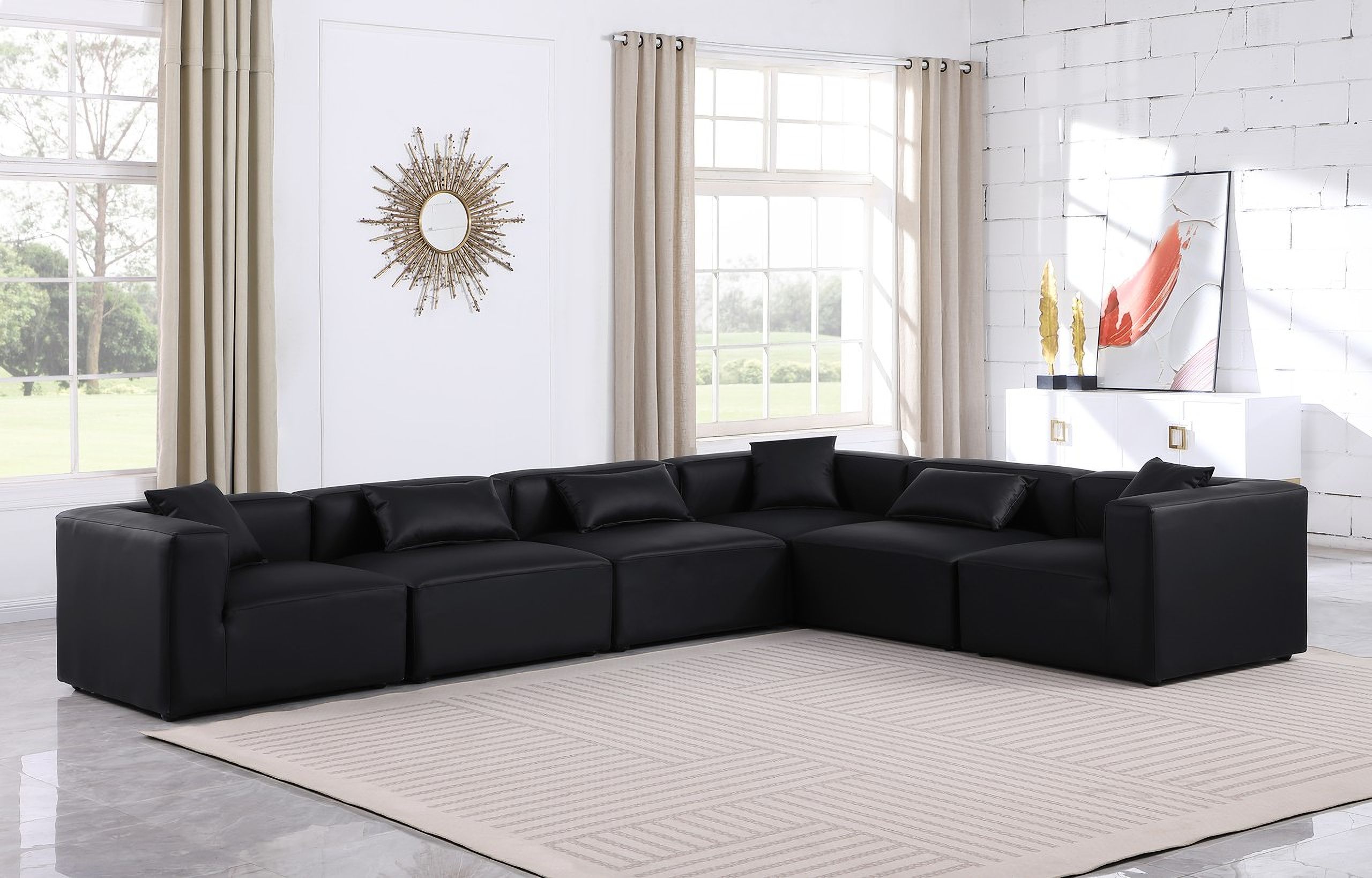 The appearance of Cube Vegan Leather 6 Piece Modular Sectional In Black designed by Meridian in the modern / contemporary interior design. This black piece of furniture  was selected by 1StopBedrooms from Cube Collection to add a touch of cosiness and style into your home. Sku: 668Black-Armless;668Black-Armless;668Black-Armless;668Black-Corner;668Black-Corner;668Black-Corner. Material: Leather. Layout: Modular.