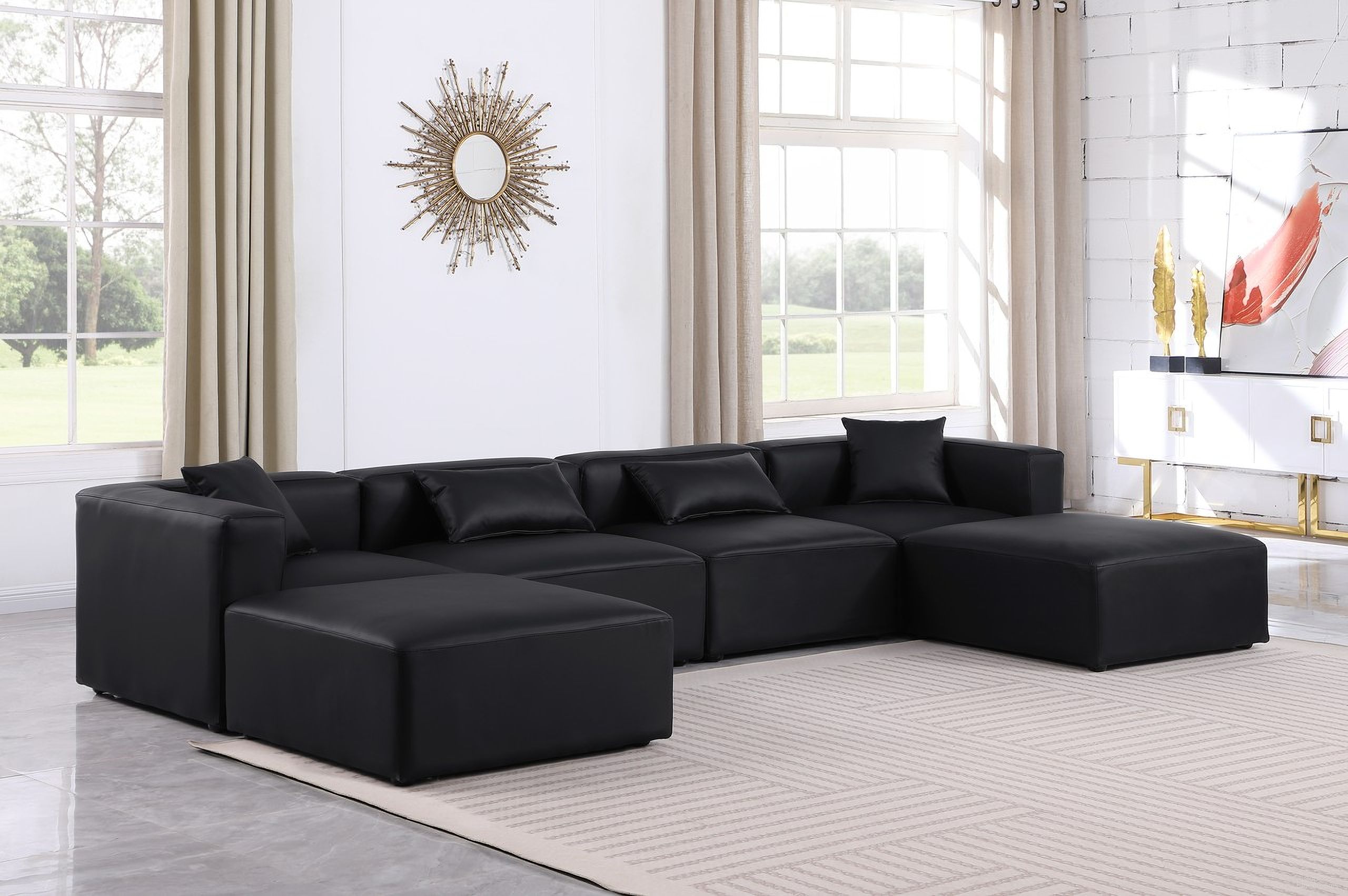 The appearance of Cube Vegan Leather 6 Piece Modular Sectional In Black designed by Meridian in the modern / contemporary interior design. This black piece of furniture  was selected by 1StopBedrooms from Cube Collection to add a touch of cosiness and style into your home. Sku: 668Black-Armless;668Black-Armless;668Black-Corner;668Black-Corner;668Black-Ott;668Black-Ott. Material: Leather.