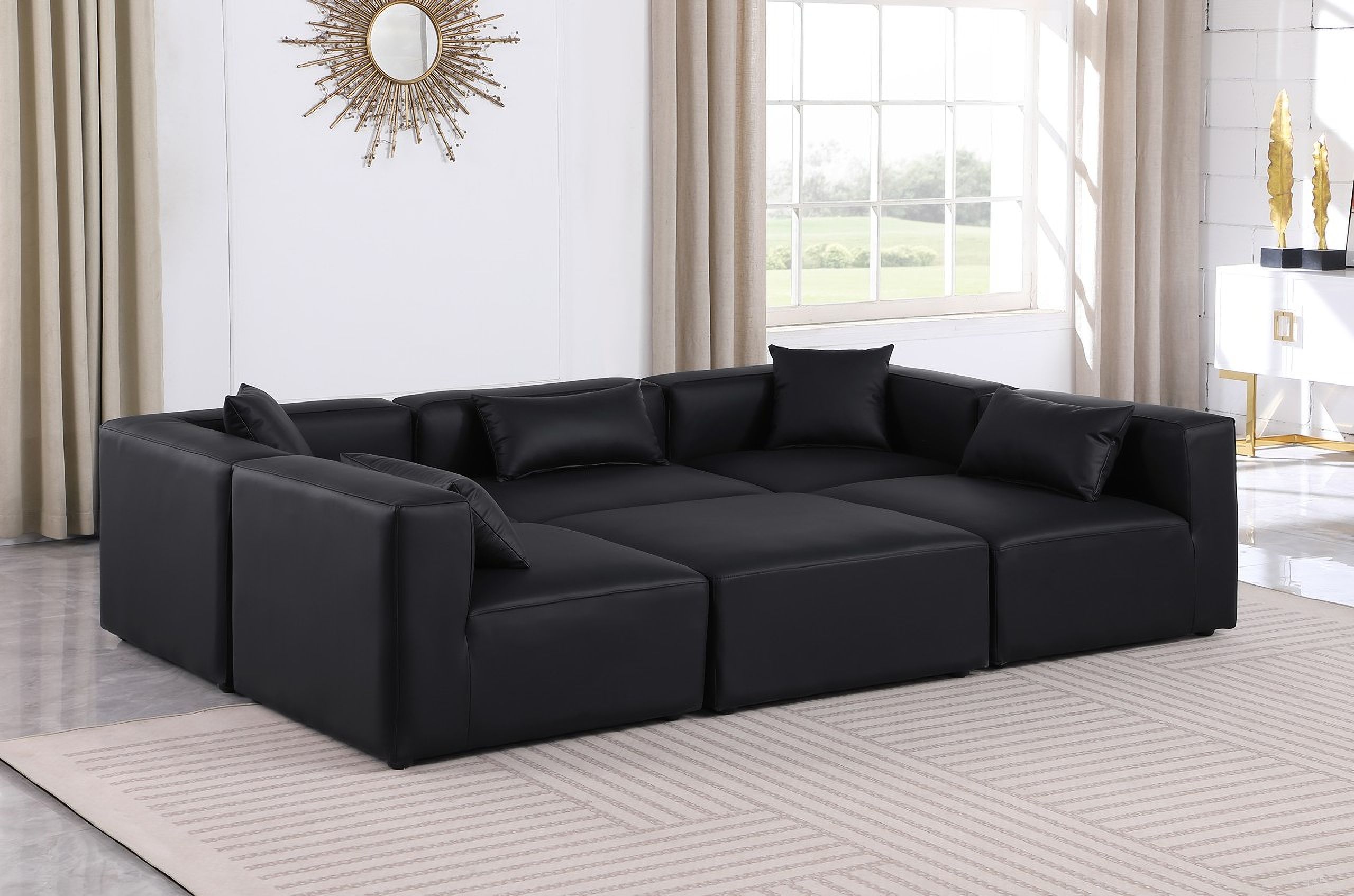 The appearance of Cube Vegan Leather 6 Piece Modular Sectional In Black designed by Meridian in the modern / contemporary interior design. This black piece of furniture  was selected by 1StopBedrooms from Cube Collection to add a touch of cosiness and style into your home. Sku: 668Black-Armless;668Black-Armless;668Black-Armless;668Black-Corner;668Black-Corner;668Black-Ott. Material: Leather. Layout: Modular.