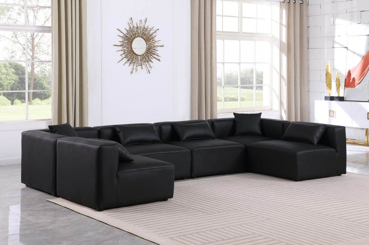The appearance of Cube Vegan Leather 6 Piece Modular Sectional In Black designed by Meridian in the modern / contemporary interior design. This black piece of furniture  was selected by 1StopBedrooms from Cube Collection to add a touch of cosiness and style into your home. Sku: 668Black-Armless;668Black-Armless;668Black-Armless;668Black-Armless;668Black-Corner;668Black-Corner. Material: Leather. Layout: Modular.