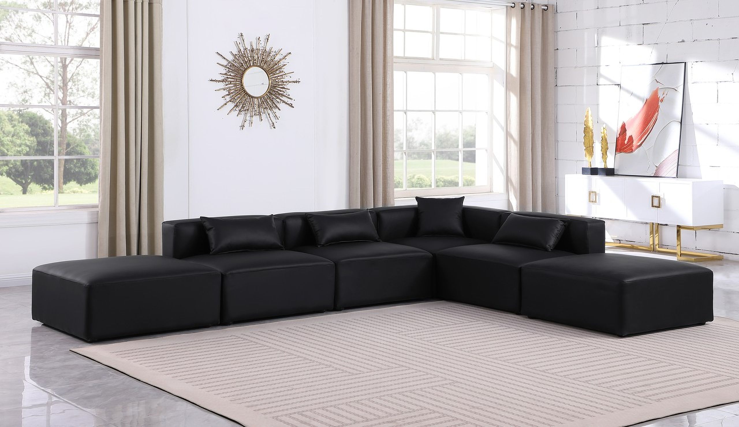 The appearance of Cube Vegan Leather 6 Piece Modular Sectional In Black designed by Meridian in the modern / contemporary interior design. This black piece of furniture  was selected by 1StopBedrooms from Cube Collection to add a touch of cosiness and style into your home. Sku: 668Black-Armless;668Black-Armless;668Black-Armless;668Black-Corner;668Black-Ott;668Black-Ott. Material: Leather.