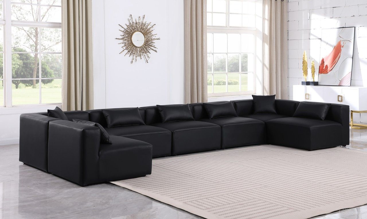 The appearance of Cube Vegan Leather 7 Piece Modular Sectional In Black designed by Meridian in the modern / contemporary interior design. This black piece of furniture  was selected by 1StopBedrooms from Cube Collection to add a touch of cosiness and style into your home. Sku: 668Black-Armless;668Black-Armless;668Black-Armless;668Black-Armless;668Black-Armless;668Black-Corner;668Black-Corner. Material: Leather. Layout: Modular.