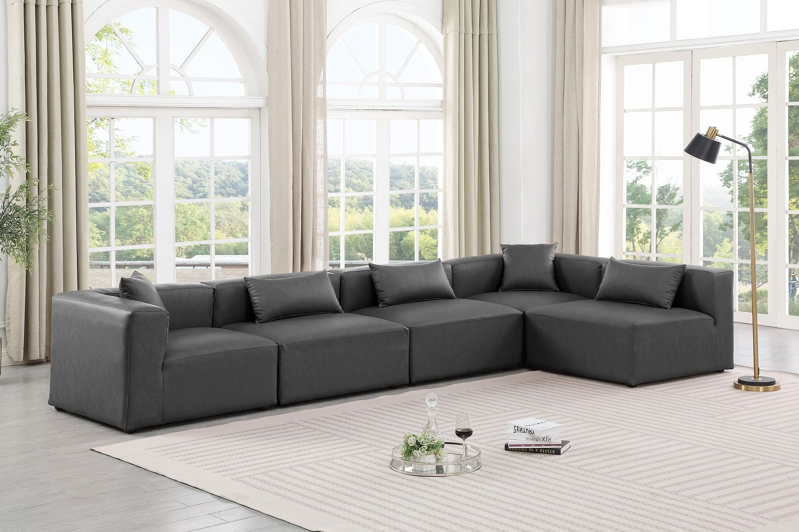 Cube Vegan Leather 5 Piece Modular Sectional In Charcoal Grey