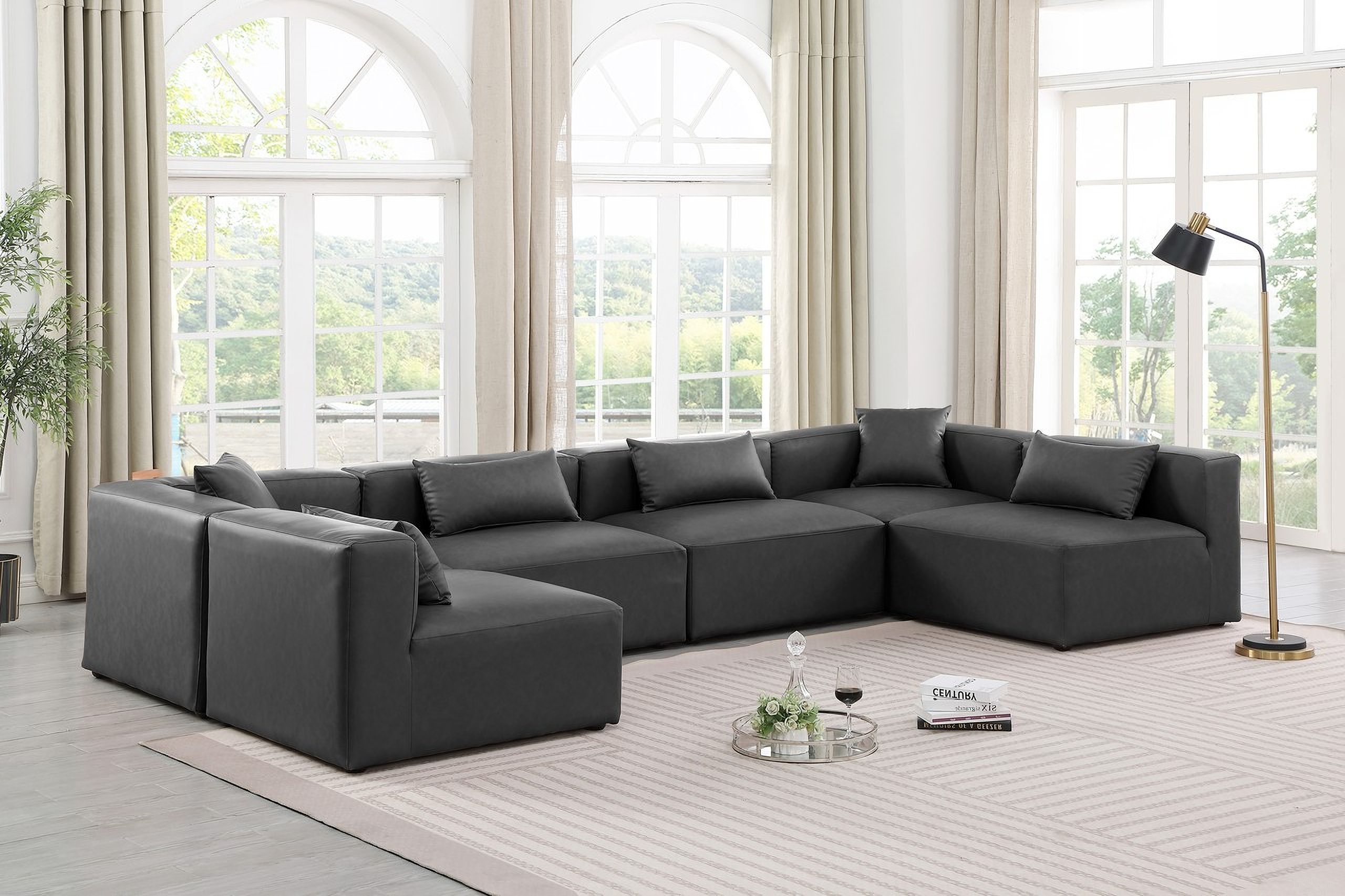 Cube Vegan Leather 6 Piece Modular Sectional In Charcoal Grey