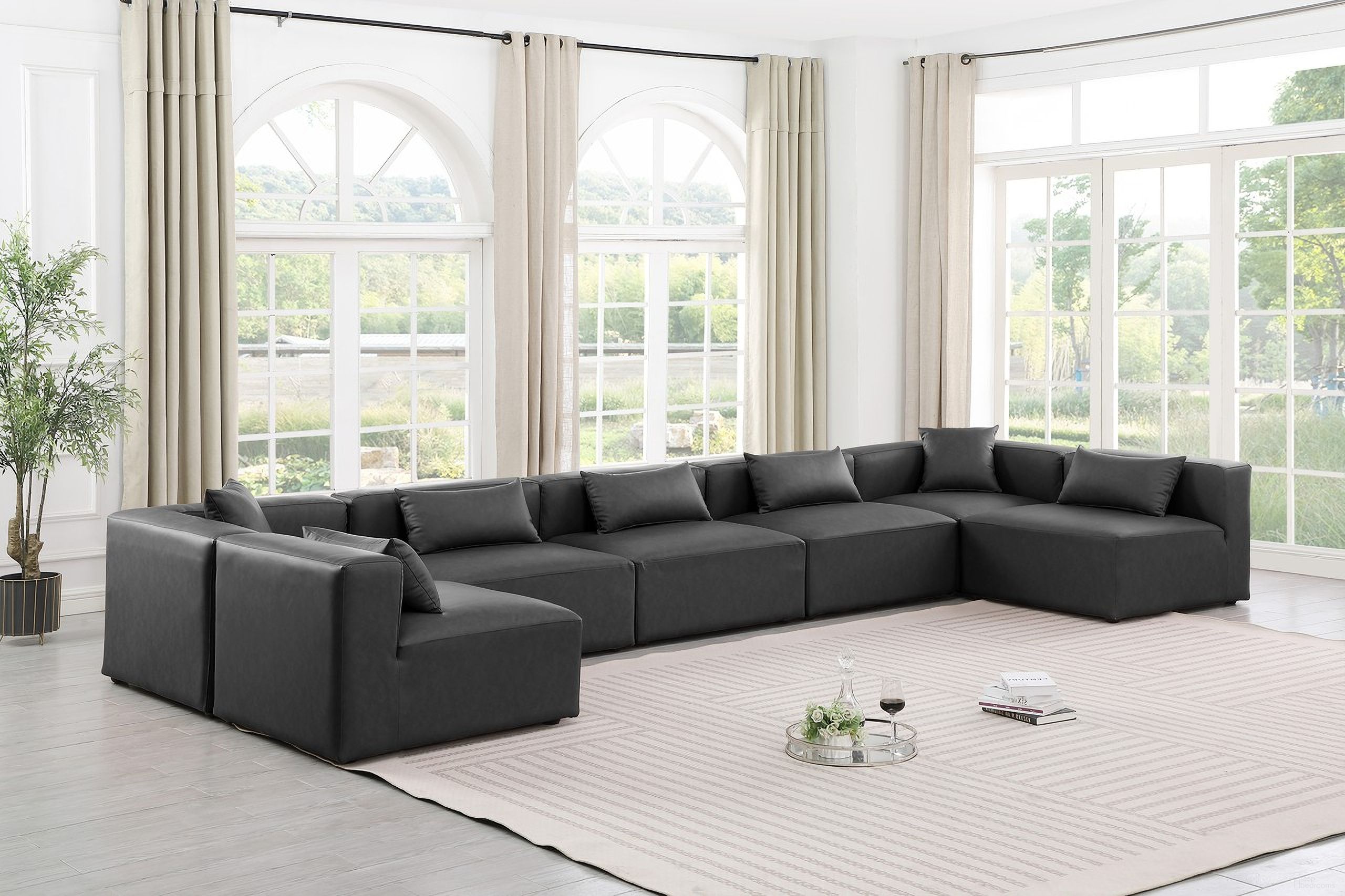 Cube Vegan Leather 7 Piece Modular Sectional In Charcoal Grey