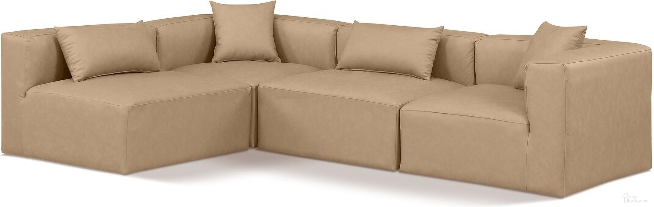 The appearance of Cube Vegan Leather 4 Piece Modular Sectional In Tan designed by Meridian in the modern / contemporary interior design. This tan piece of furniture  was selected by 1StopBedrooms from Cube Collection to add a touch of cosiness and style into your home. Sku: 668Tan-Armless;668Tan-Armless;668Tan-Corner;668Tan-Corner. Material: Leather. Layout: Modular.