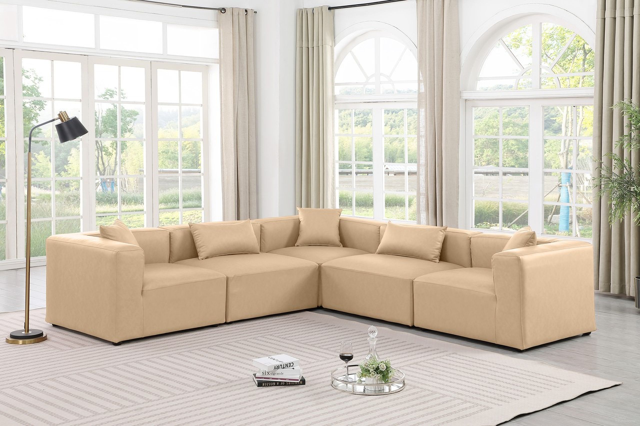 Cube Vegan Leather 5 Piece Modular Sectional In Tan