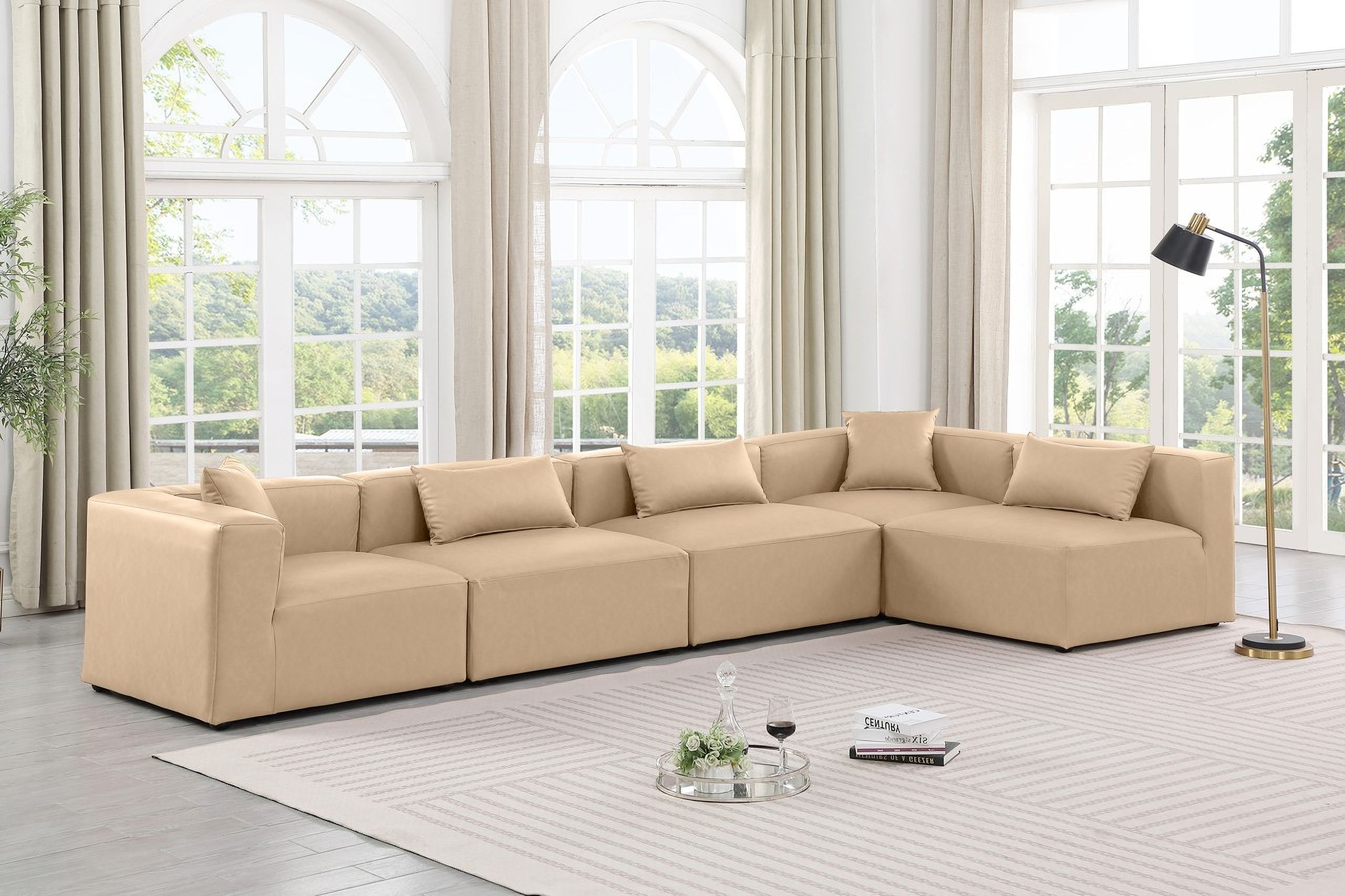 Cube Vegan Leather 5 Piece Modular Sectional In Tan