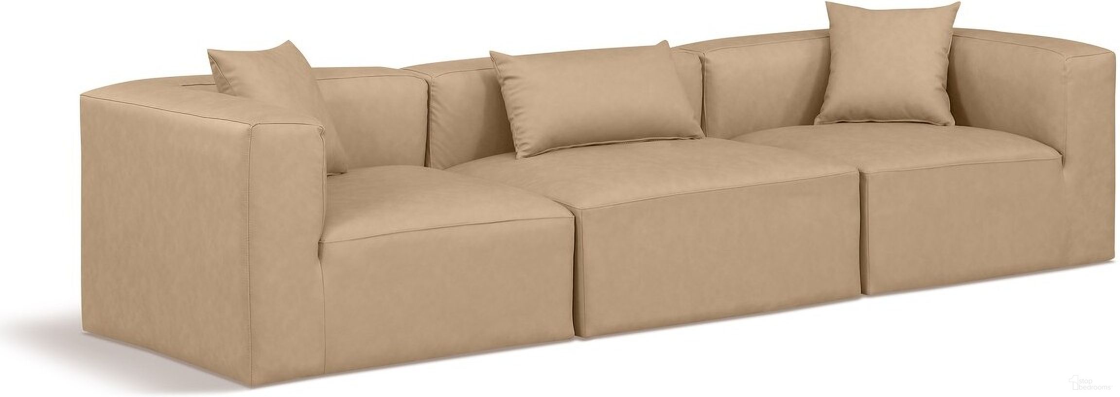 The appearance of Cube Vegan Leather 3 Seater Modular Sofa with Arm Support In Tan designed by Meridian in the modern / contemporary interior design. This tan piece of furniture  was selected by 1StopBedrooms from Cube Collection to add a touch of cosiness and style into your home. Sku: 668Tan-Armless;668Tan-Corner;668Tan-Corner. Material: Leather.