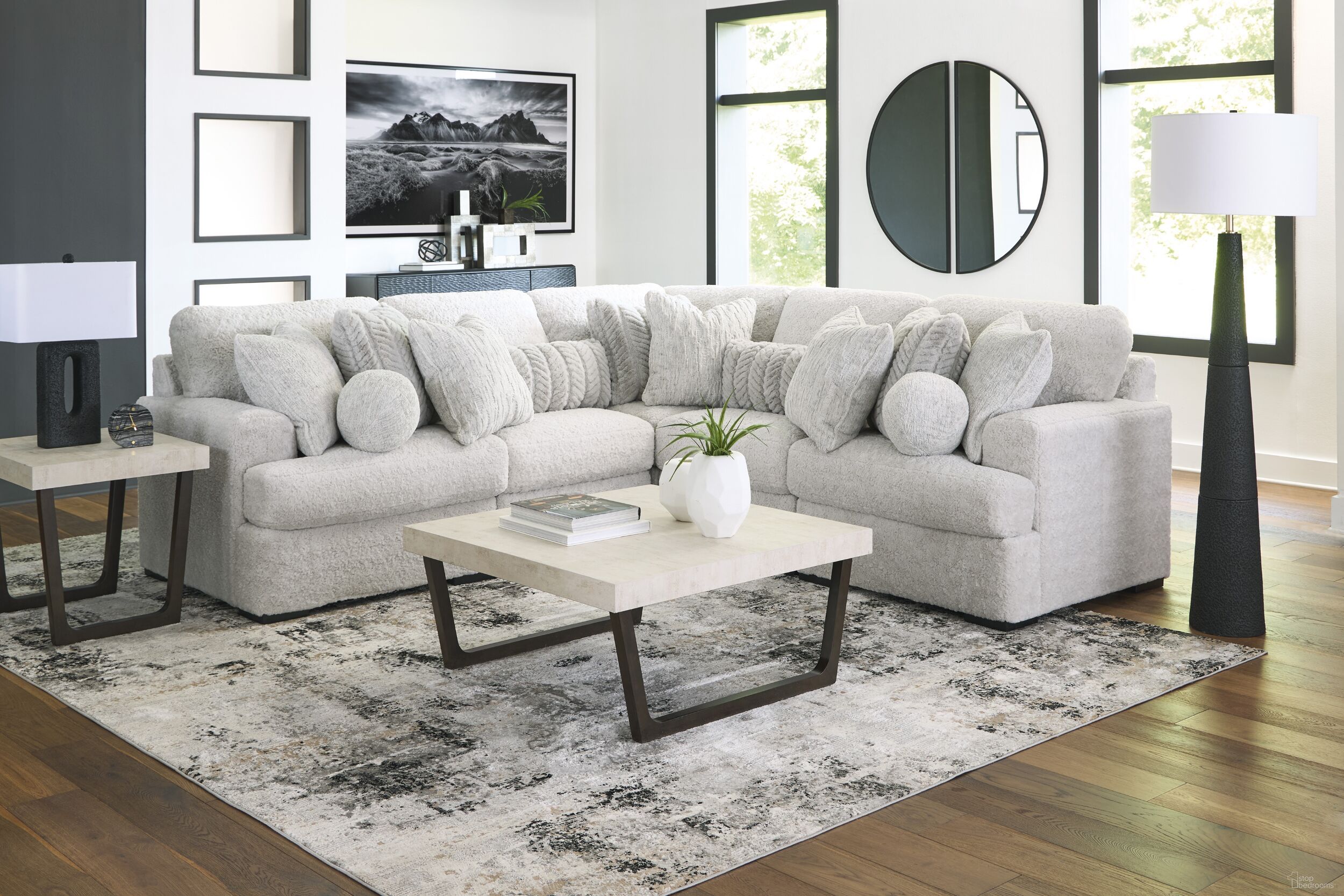The appearance of Cuddlesome 5-Piece Sectional In Arctic designed by Signature Design by Ashley in the modern / contemporary interior design. This arctic piece of furniture  was selected by 1StopBedrooms from Cuddlesome Collection to add a touch of cosiness and style into your home. Sku: NC5910664;NC5910646;NC5910646;NC5910677;NC5910665. Material: Polyester. Layout: L-Shape.