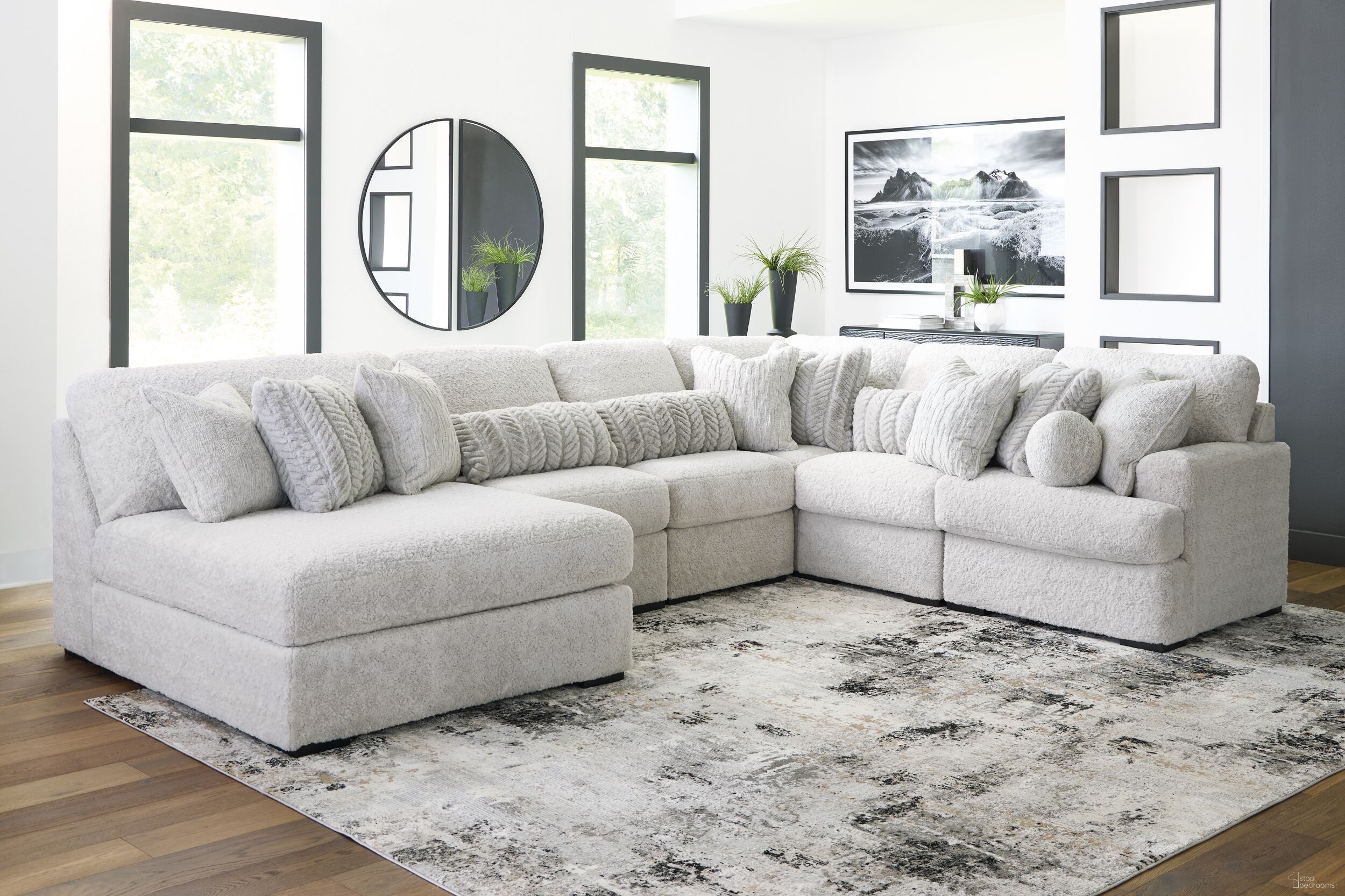 The appearance of Cuddlesome 6-Piece RAF Sectional with Chaise In Arctic designed by Signature Design by Ashley in the modern / contemporary interior design. This arctic piece of furniture was selected by 1StopBedrooms from Cuddlesome Collection to add a touch of cosiness and style into your home. Sku: NC5910615;NC5910646;NC5910646;NC5910646;NC5910677;NC5910665. Material: Polyester. Layout: U-Shape. Orientation: RAF.