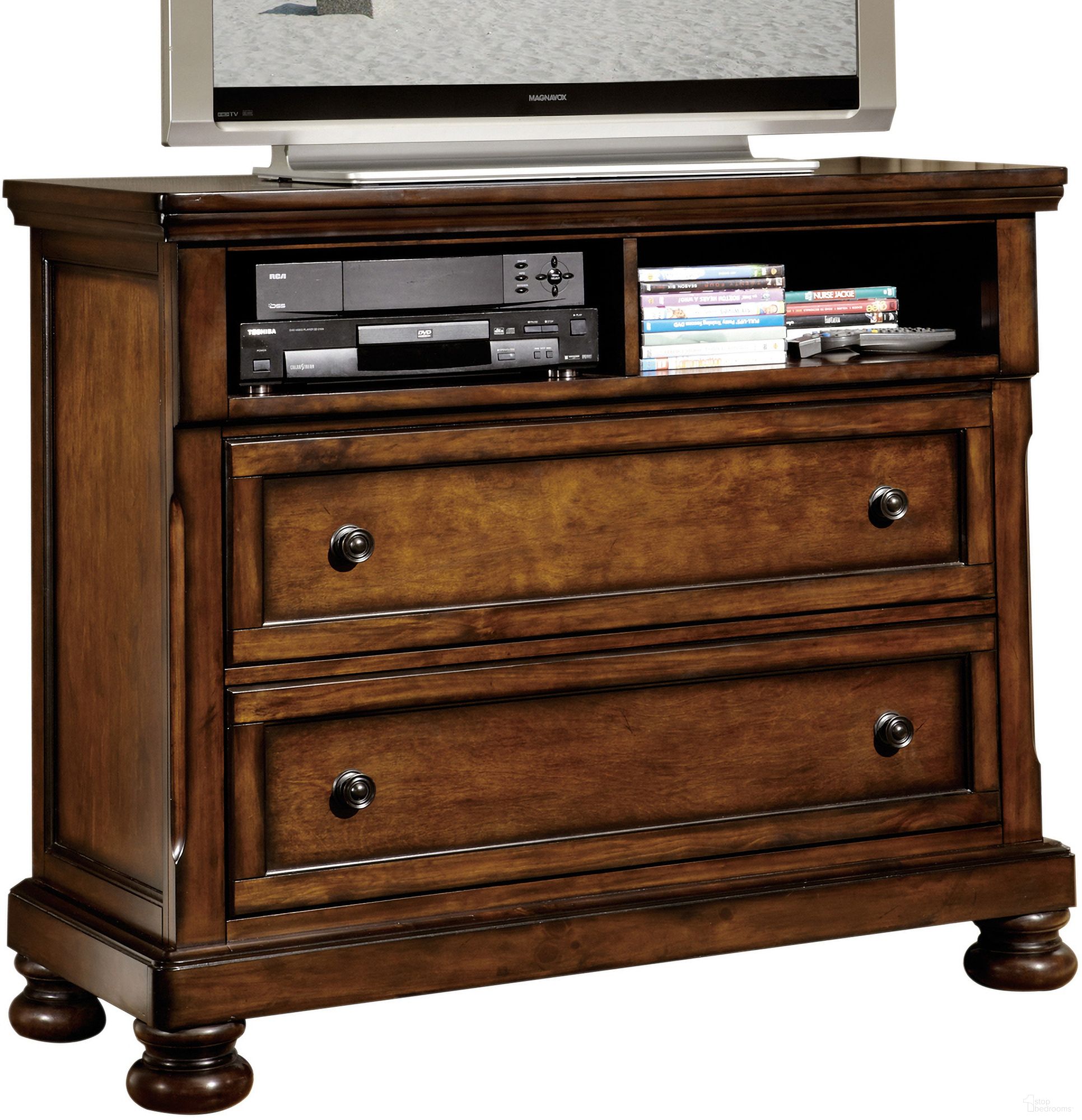 The appearance of Cumberland TV Chest designed by Homelegance in the transitional interior design. This brown piece of furniture was selected by 1StopBedrooms from Cumberland Collection to add a touch of cosiness and style into your home. Sku: 2159-11. Material: Wood.