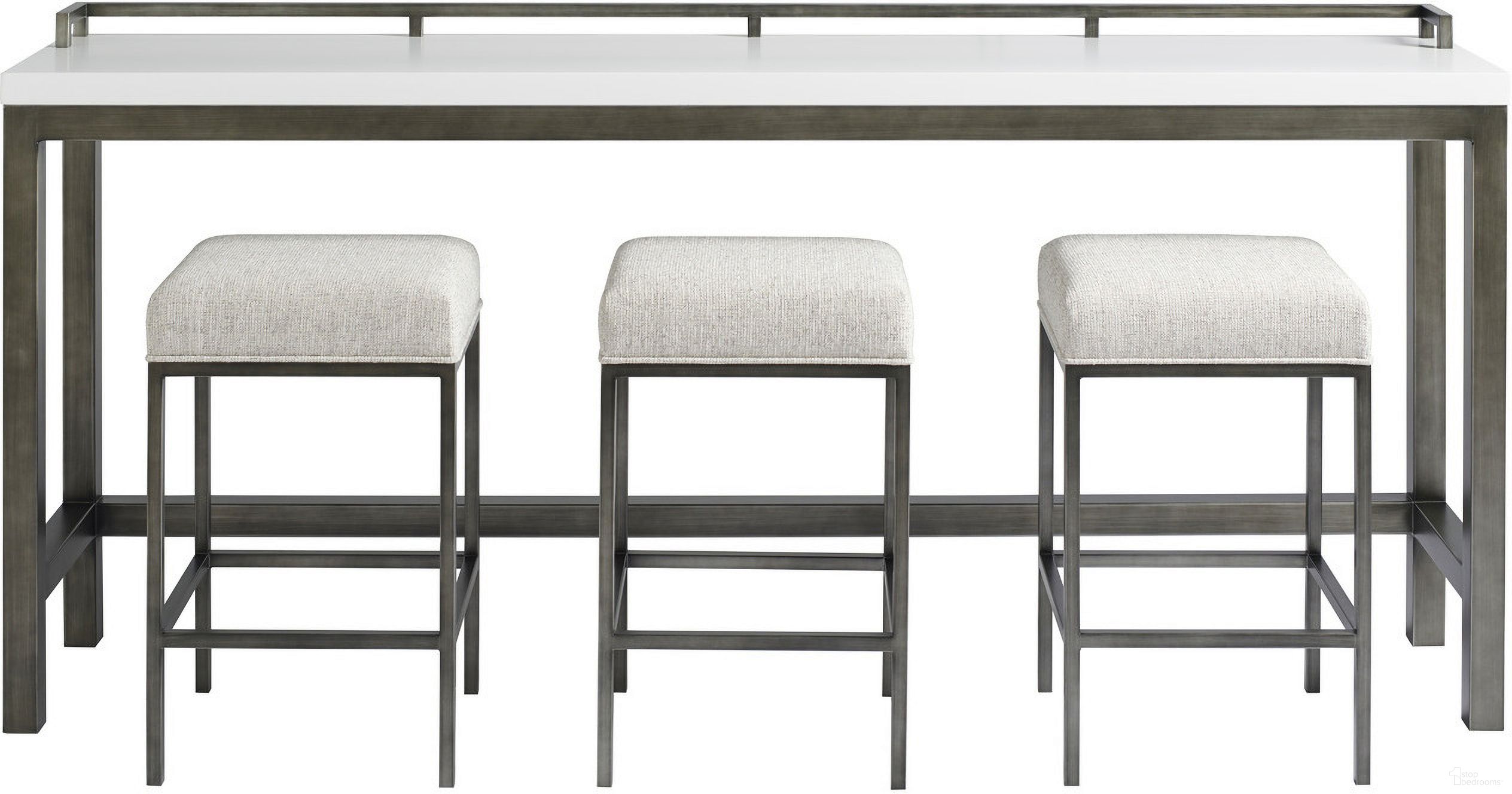 The appearance of Curated Meringue Coconut Metal Essence Console Table With Stools designed by Universal in the transitional interior design. This white and black piece of furniture was selected by 1StopBedrooms from Curated Collection to add a touch of cosiness and style into your home. Sku: 915X803. Material: Olefin.