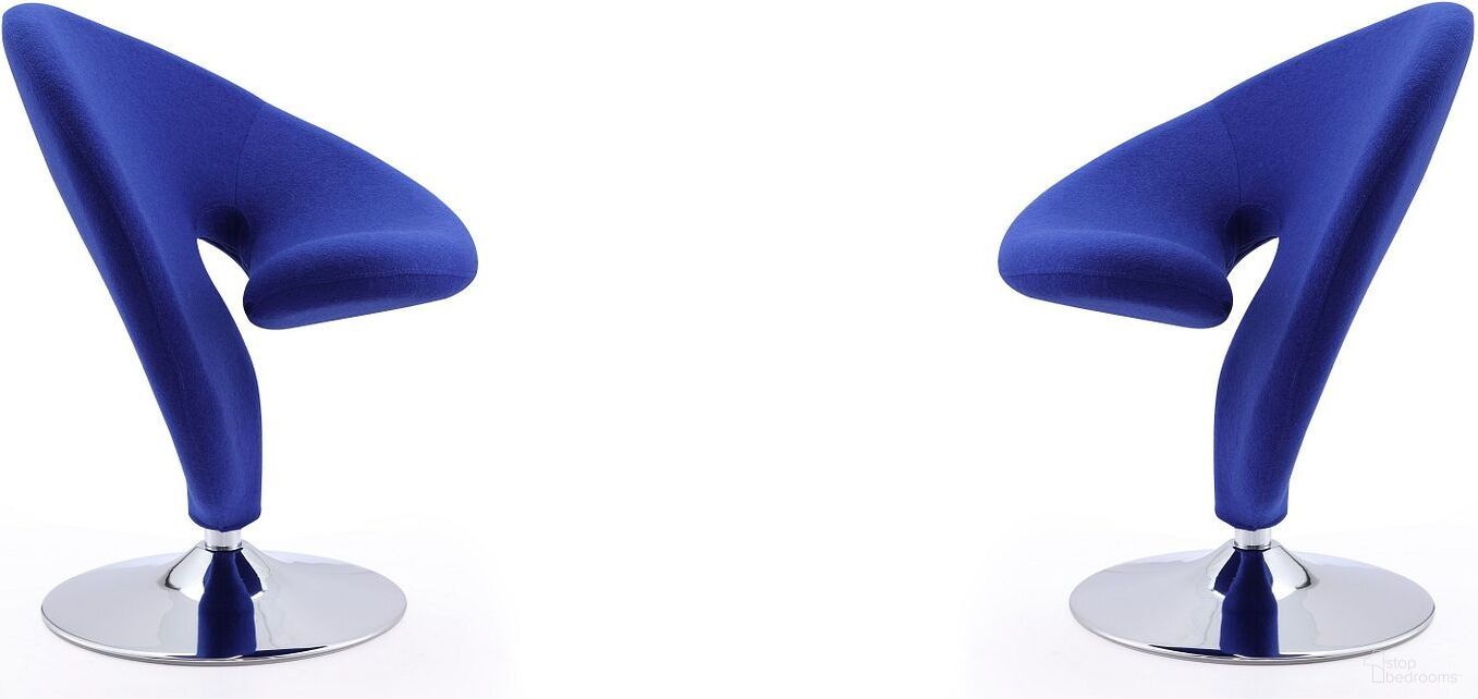 The appearance of Curl Swivel Accent Chair in Blue and Polished Chrome (Set of 2) designed by Manhattan Comfort in the modern / contemporary interior design. This blue piece of furniture was selected by 1StopBedrooms from Curl Collection to add a touch of cosiness and style into your home. Sku: AC040-BL;AC040-BL. Material: Metal.