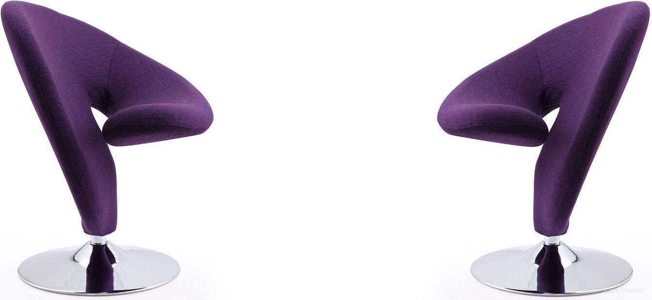 The appearance of Curl Swivel Accent Chair in Purple and Polished Chrome (Set of 2) designed by Manhattan Comfort in the modern / contemporary interior design. This purple piece of furniture was selected by 1StopBedrooms from Curl Collection to add a touch of cosiness and style into your home. Sku: AC040-EP;AC040-EP. Material: Metal.