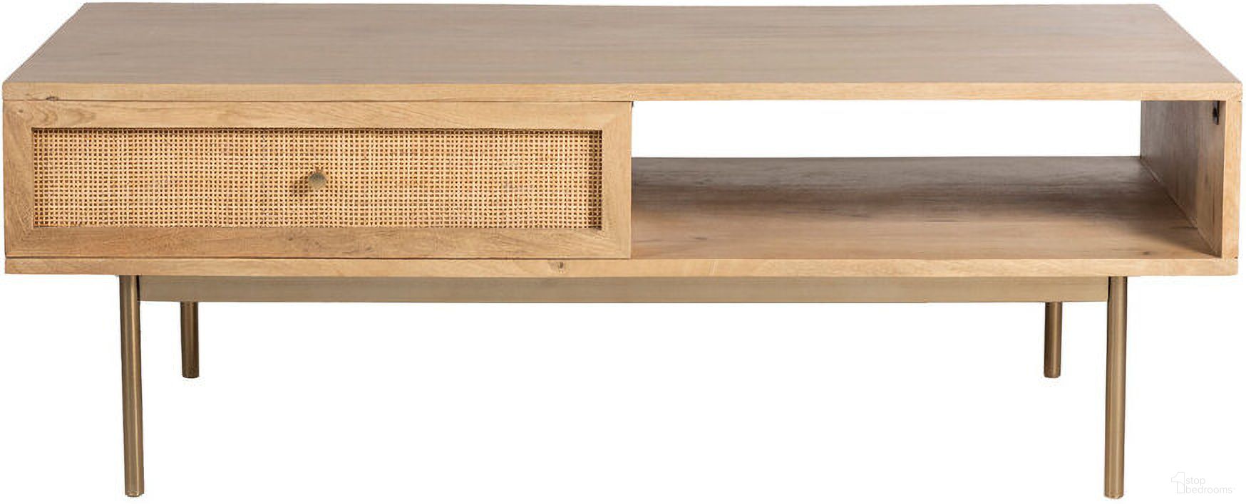 The appearance of Curtis Solid Wood Coffee Table In Natural designed by Aeon in the modern / contemporary interior design. This natural piece of furniture  was selected by 1StopBedrooms from Curtis Collection to add a touch of cosiness and style into your home. Sku: AESP-11088-Natural. Material: Wood.