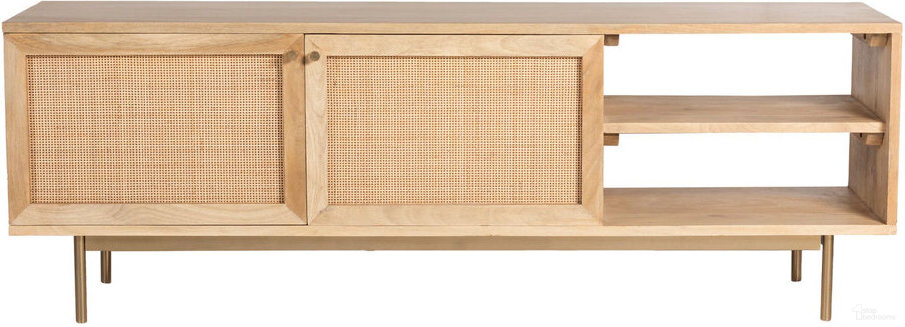 The appearance of Curtis Solid Wood TV Stand In Natural designed by Aeon in the modern / contemporary interior design. This natural piece of furniture  was selected by 1StopBedrooms from Curtis Collection to add a touch of cosiness and style into your home. Sku: AESP-11045-Natural. Material: Wood.