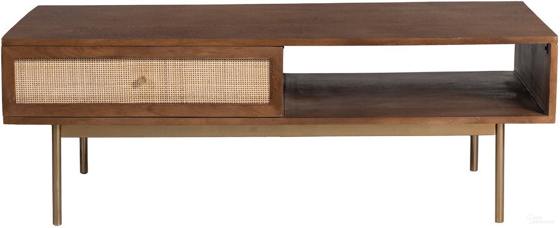 Curtis Solid Wood with Natural Woven Cane Coffee Table In Walnut