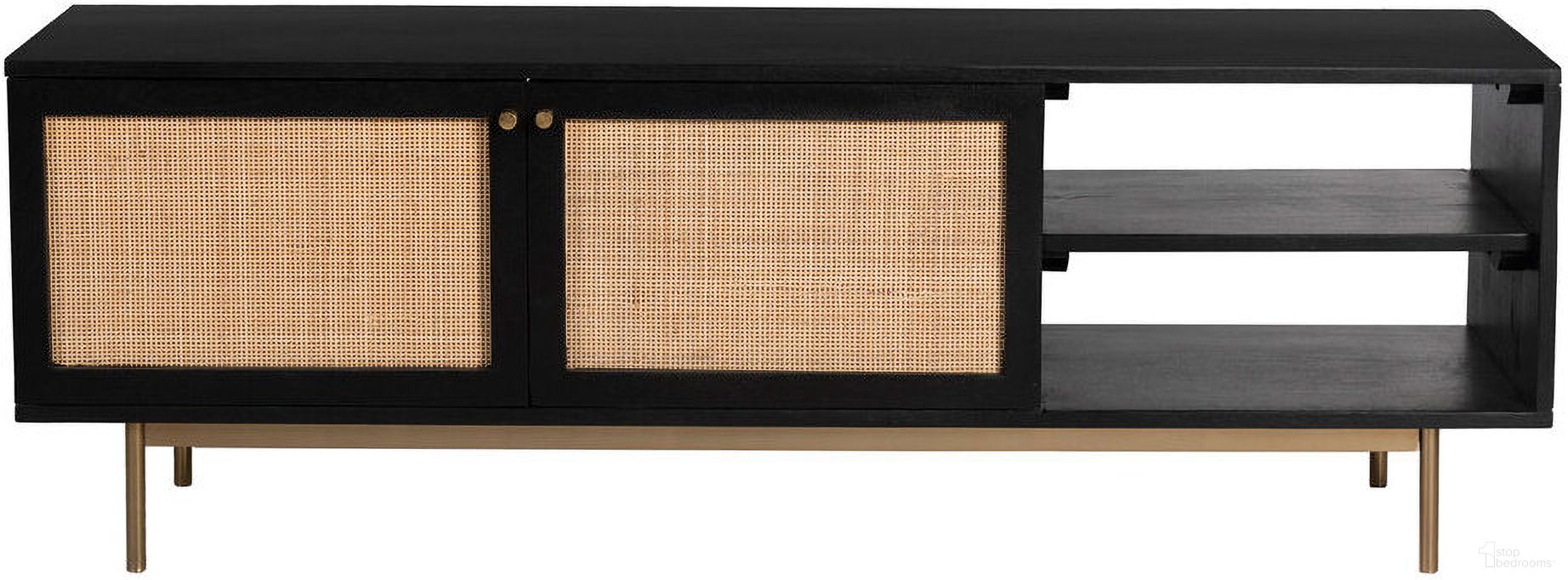 The appearance of Curtis Solid Wood with Natural Woven Cane TV Stand In Black designed by Aeon in the modern / contemporary interior design. This black and natural piece of furniture  was selected by 1StopBedrooms from Curtis Collection to add a touch of cosiness and style into your home. Sku: AESP-11053-Black. Material: Wood.