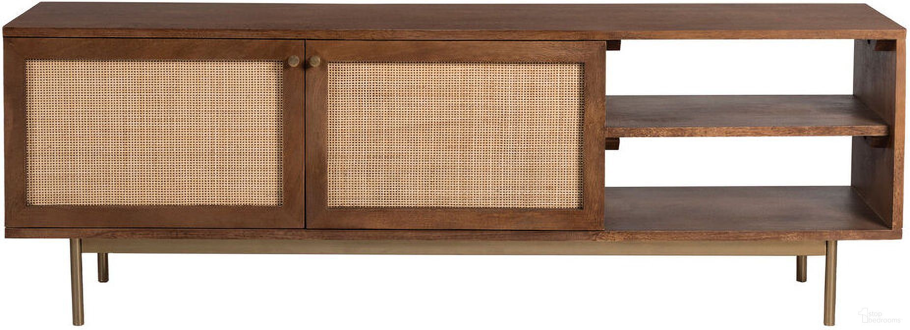 Curtis Solid Wood with Natural Woven Cane TV Stand In Walnut