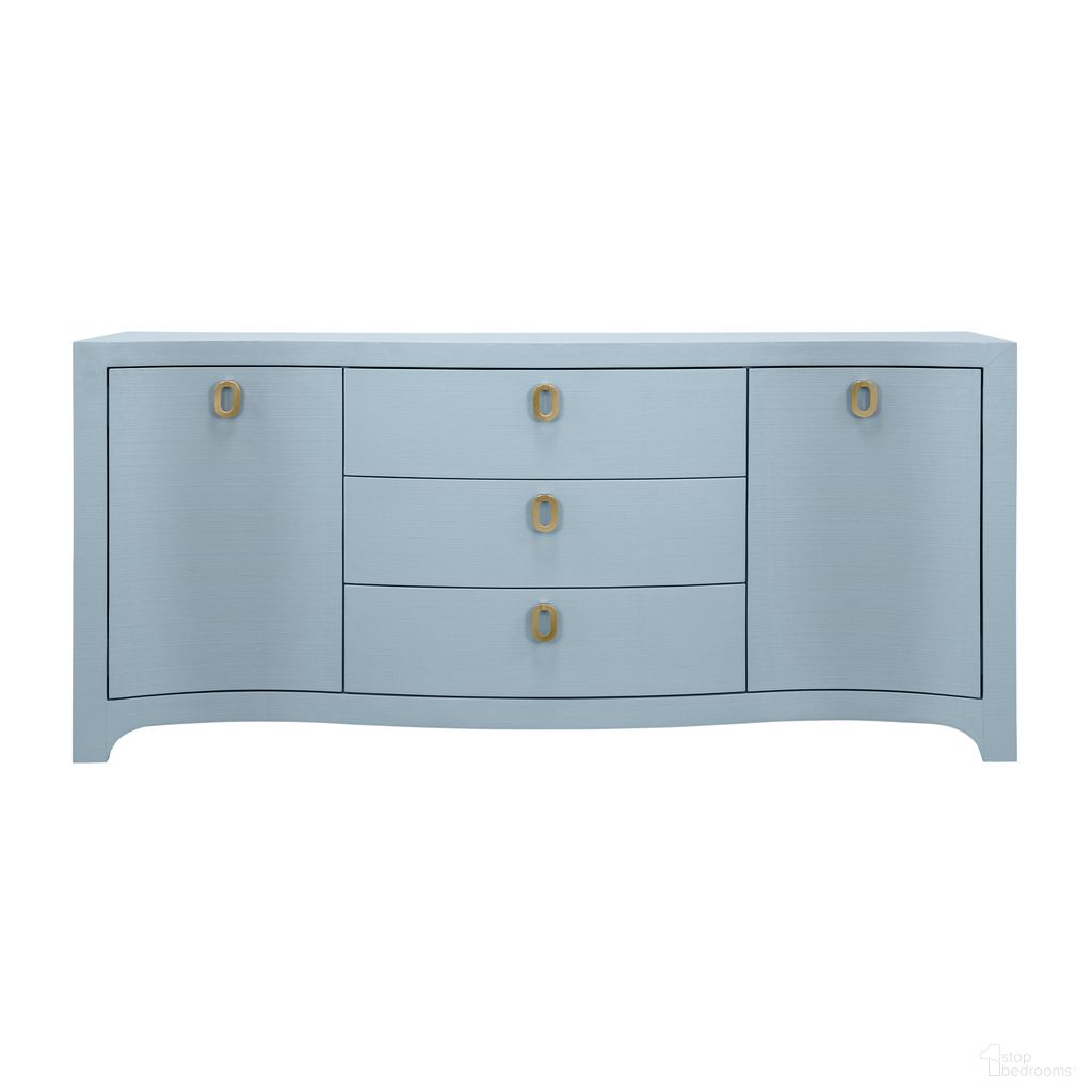 The appearance of Curved Front Two Door Three Drawer Buffet In Blue designed by Worlds Away in the transitional interior design. This blue piece of furniture  was selected by 1StopBedrooms from  to add a touch of cosiness and style into your home. Sku: PAULINA LB. Material: Solid Wood.