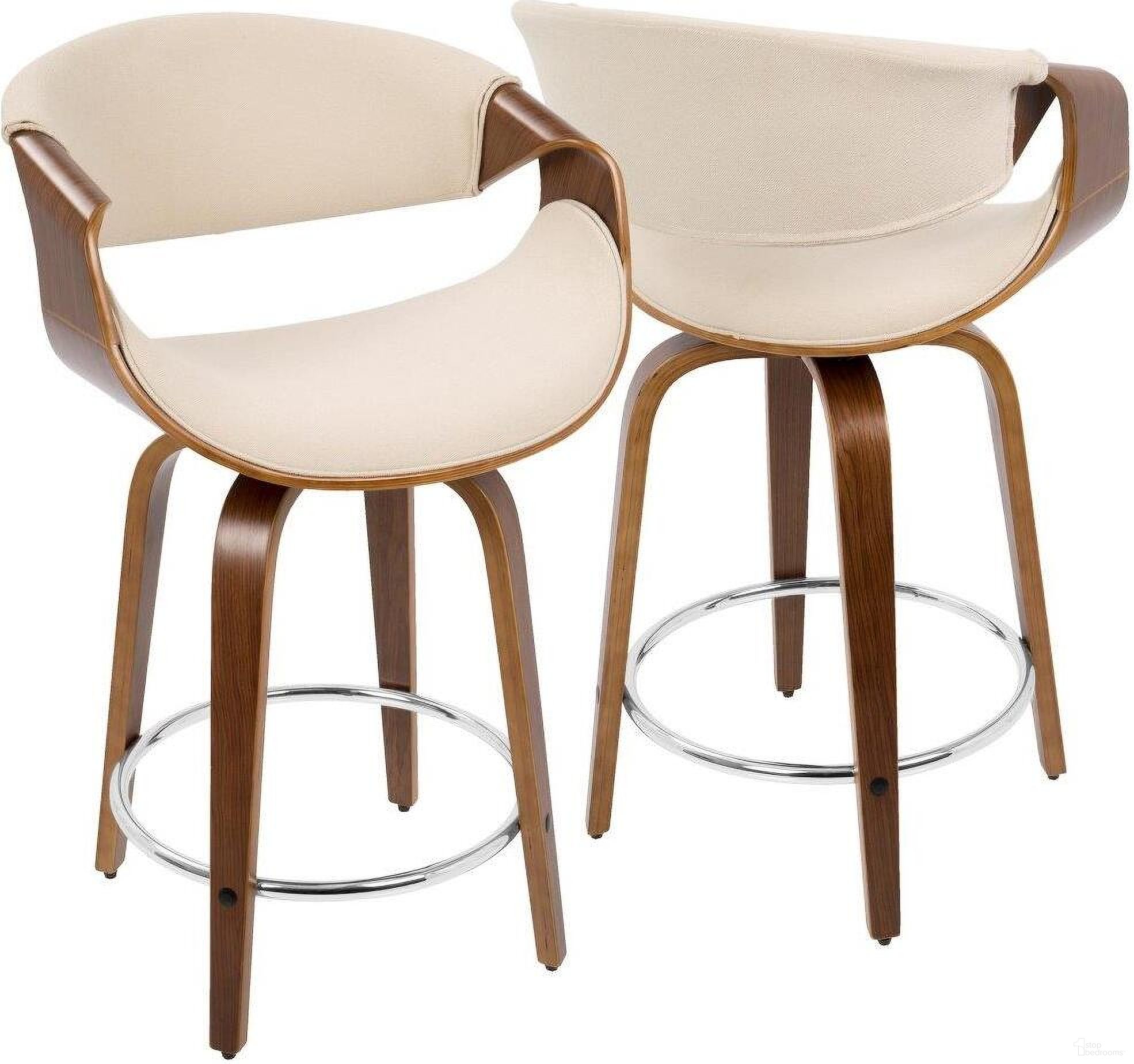 Curvini Mid-Century Modern Counter Stool In Walnut Wood And Cream Fabric - Set Of 2