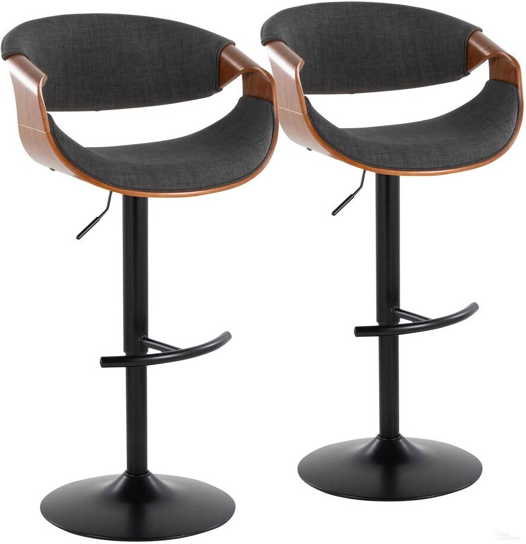 The appearance of Curvo Adjustable Barstool Set of 2 In Black and Dark Gray designed by Lumisource in the transitional interior design. This black and dark gray piece of furniture was selected by 1StopBedrooms from Curvo Collection to add a touch of cosiness and style into your home. Sku: BS-CURVO-RT2 BKWLCHAR2. Material: Wood.