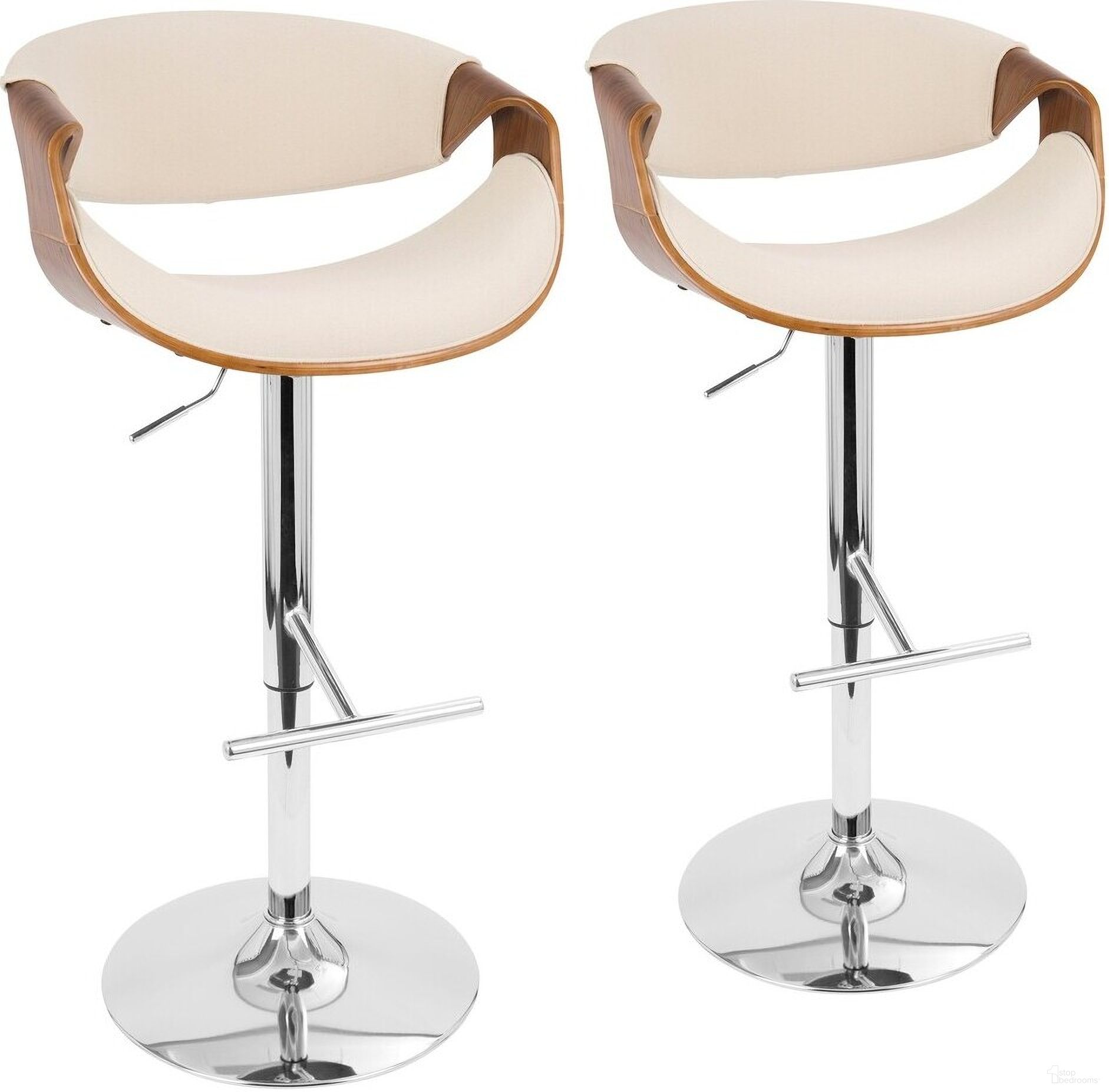 The appearance of Curvo Adjustable Barstool Set of 2 In Beige and Chrome designed by Lumisource in the transitional interior design. This chrome piece of furniture was selected by 1StopBedrooms from Curvo Collection to add a touch of cosiness and style into your home. Sku: BS-CURVO2-SWVT WLCR2. Material: Wood.