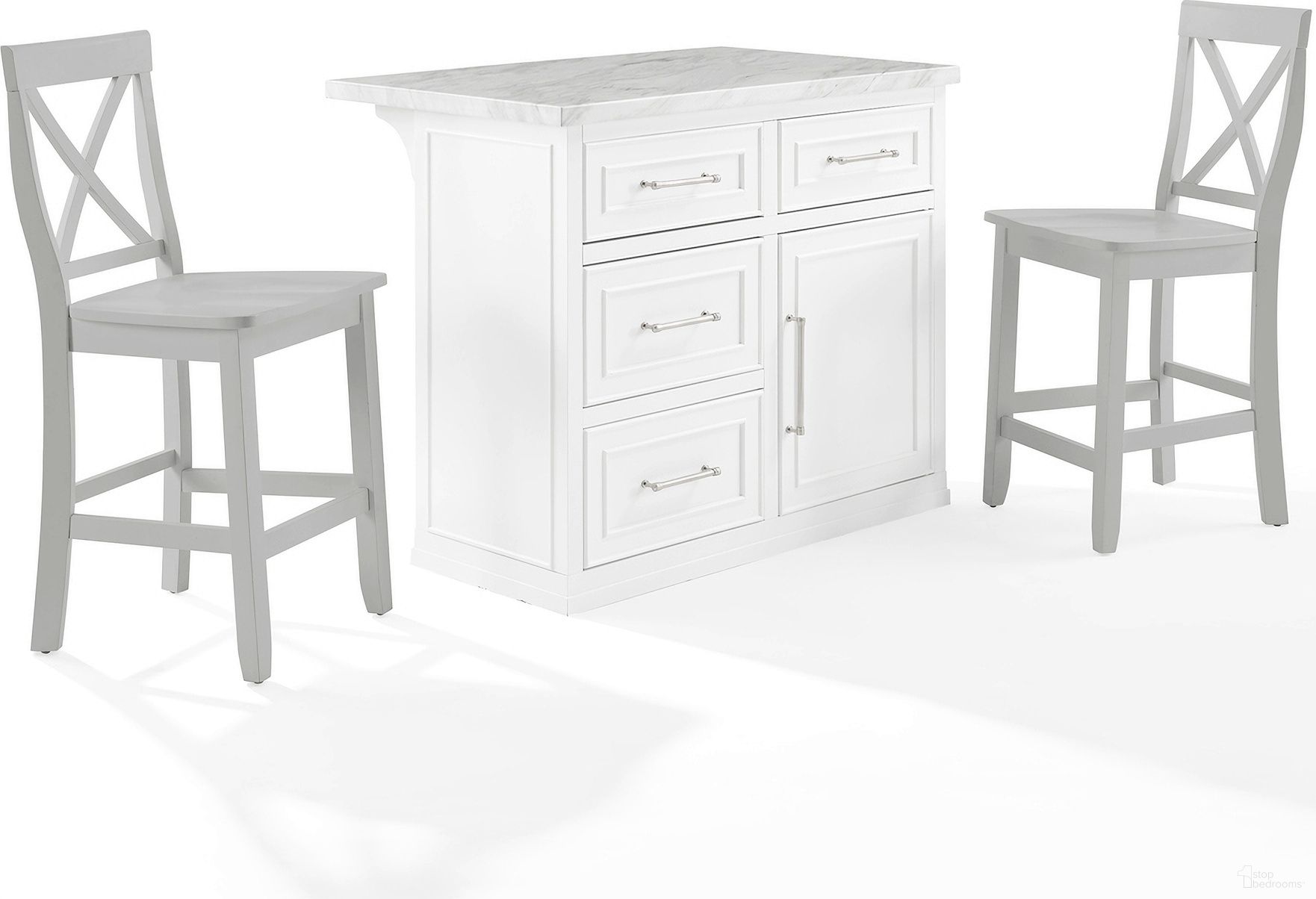 Cutler Faux Marble Top Kitchen Island W/X-Back Stools In White and Gray